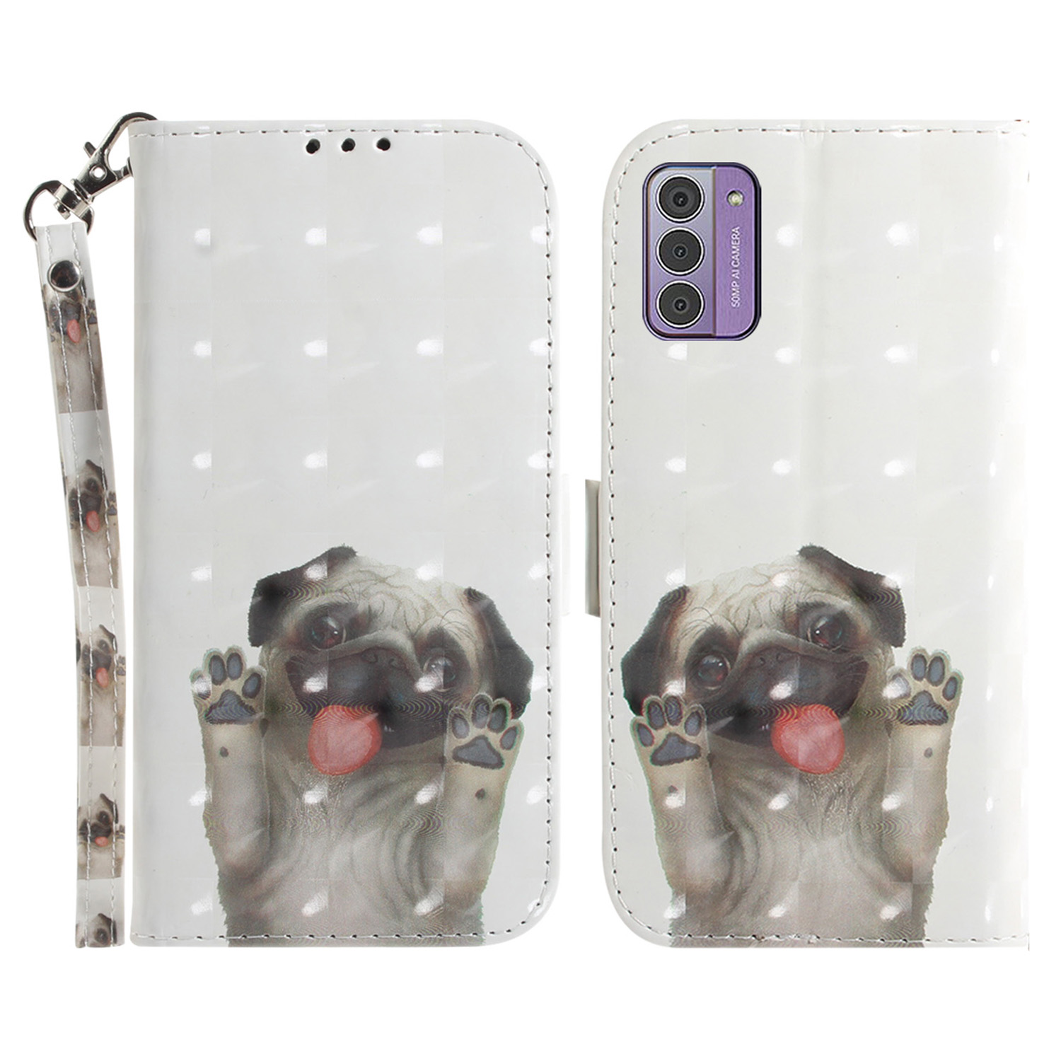 

Für Nokia G42 3D -muster Bedruckt PU Leder Telefon Hülle Ständer Flip Wallet Wallet Cover Mit Riemen - Mops, Nokia G42