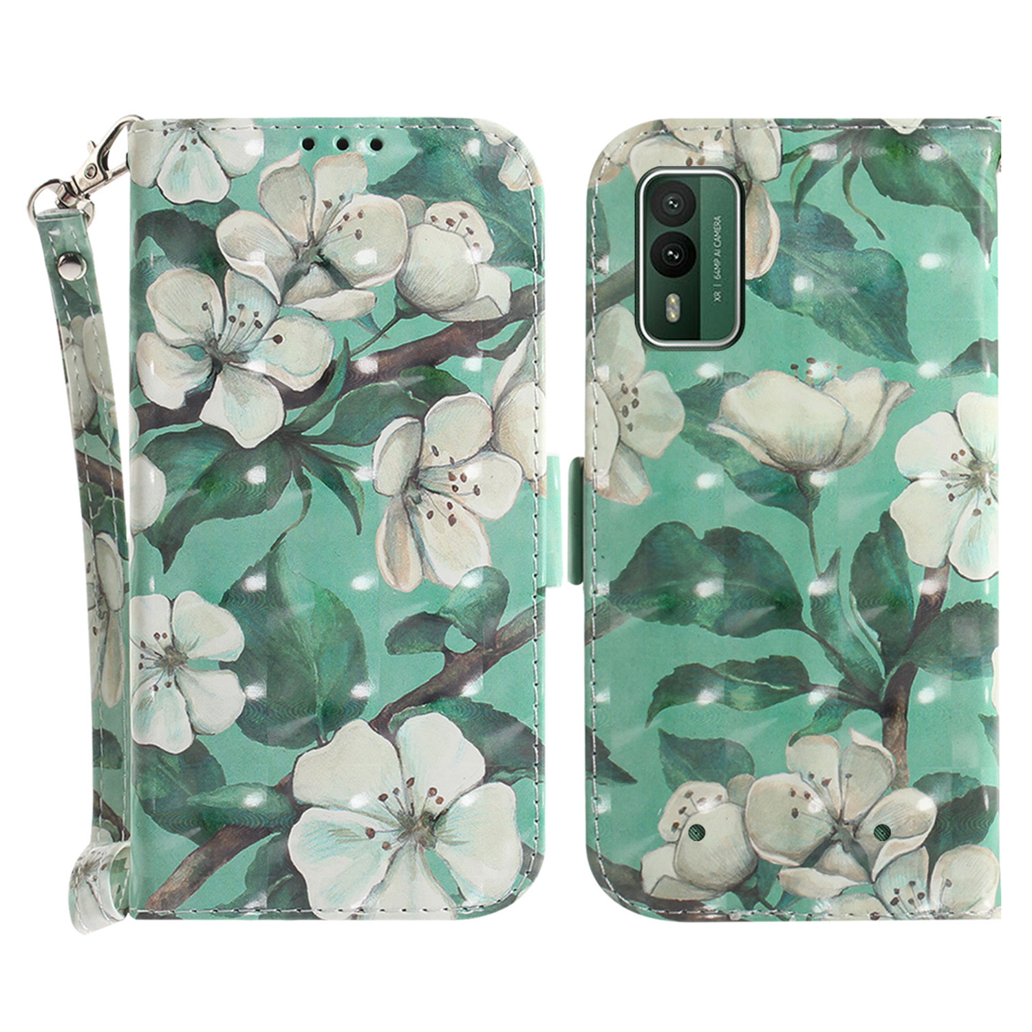 

Für Nokia XR21 Wallet Protective Case PU Leder 3D Muster Gedrucktes Ständer Telefonabdeckung Mit Riemen - Aquarellblüten, Nokia XR21
