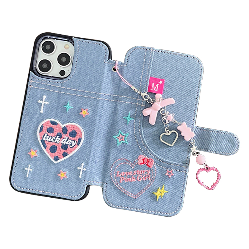 

TPU + Canvas Flip Cover Für Iphone 14 Pro Full Protection Stickel Liebes Telefonabdeckung Mit Armbandriemen - Baby Blau, iPhone 14 Pro