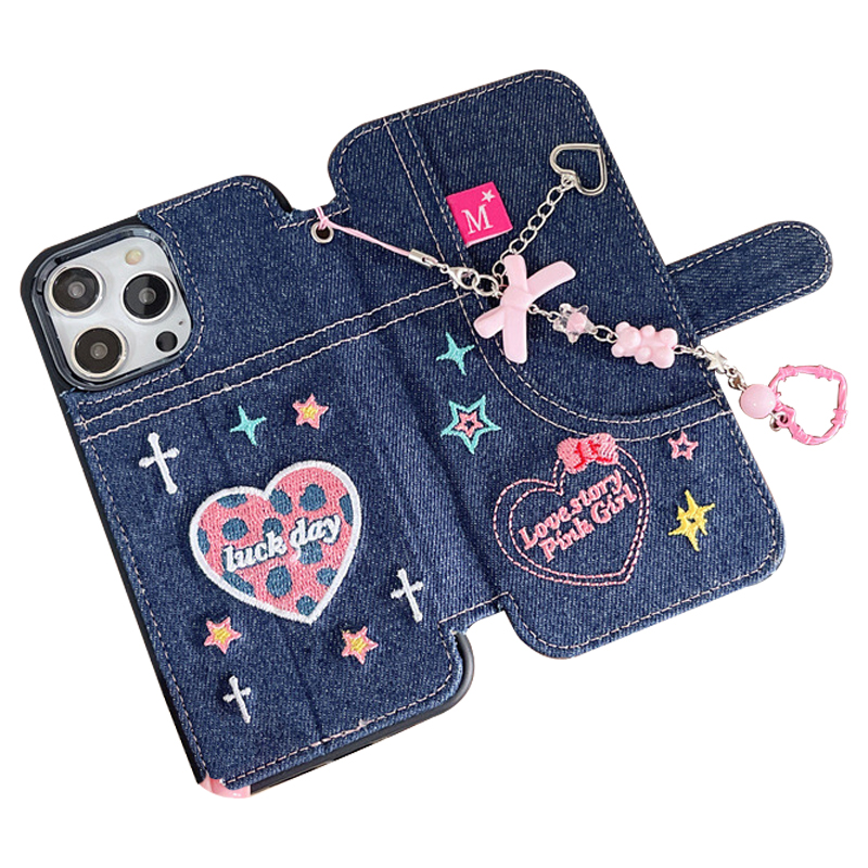 

TPU + Canvas Flip Cover Für Iphone 14 Pro Full Protection Stickel Liebes Telefonabdeckung Mit Armbandriemen - Dunkelblau, iPhone 14 Pro