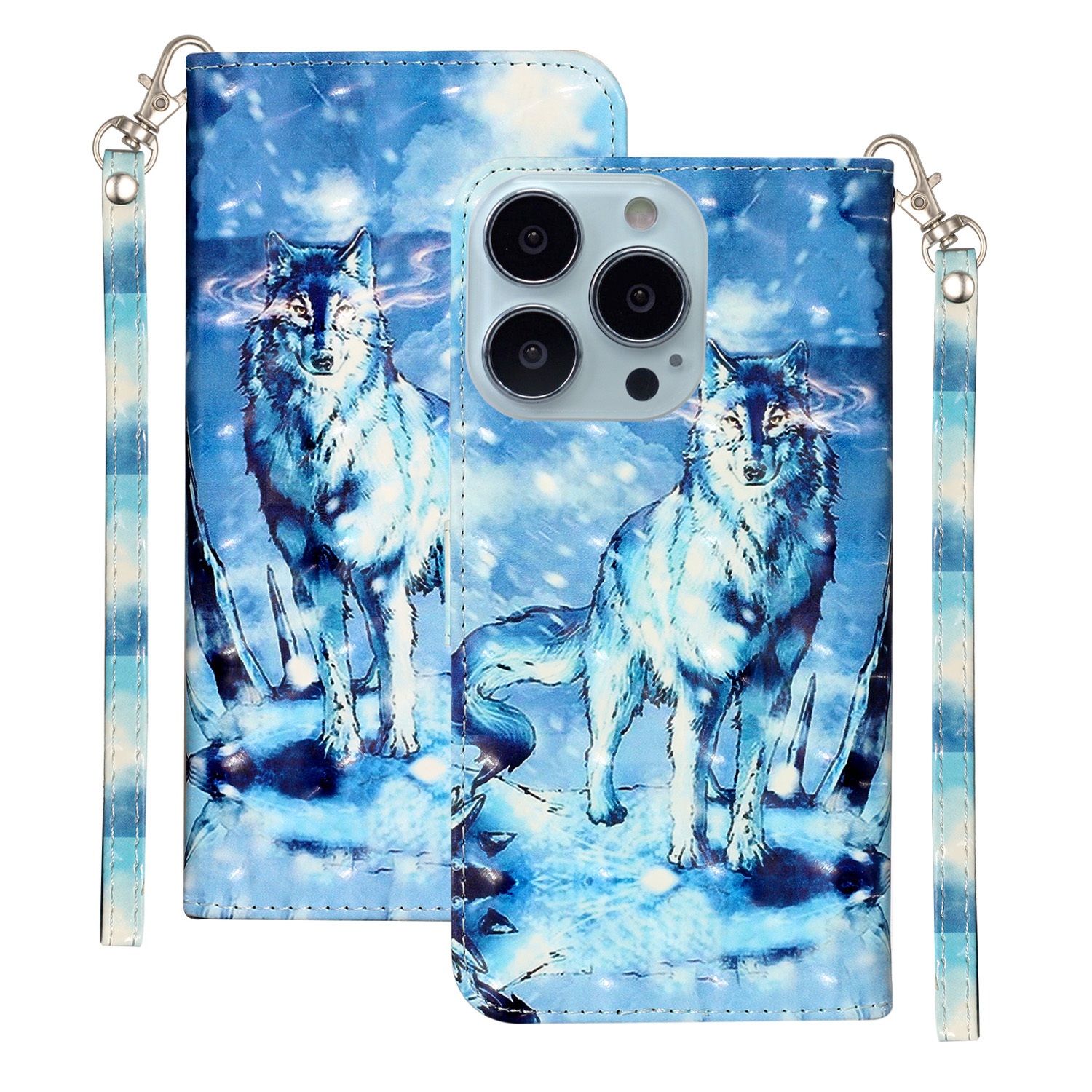 

Für Iphone 15 Pro PU Leder Brieftasche Telefon Hülle 3D -muster -druckflip -ständer Cover - Schneewolf, iPhone 15 Pro