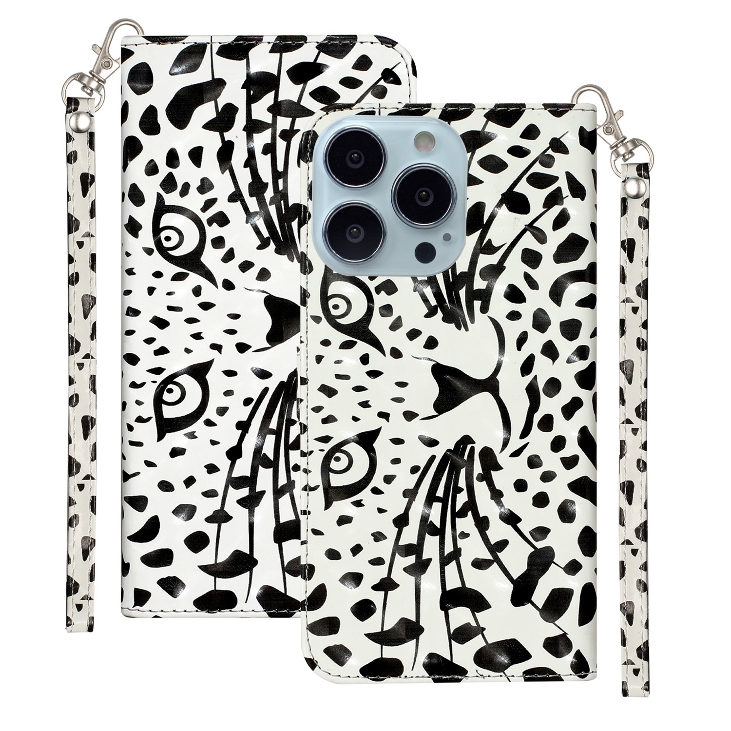 

Für Iphone 15 Pro PU Leder Brieftasche Telefon Hülle 3D -muster -druckflip -ständer Cover - Leopardenkopf, iPhone 15 Pro