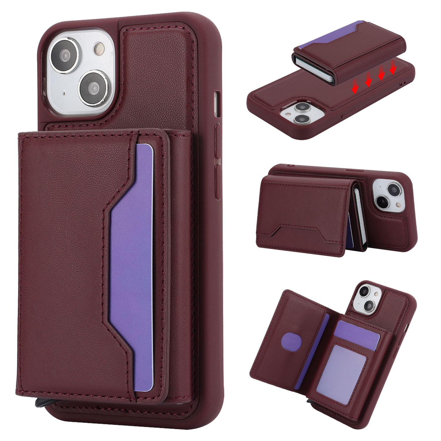 

Kickstand-telefonhülle Für Iphone 15 Plus, Rfid-blockierungs-telefonabdeckung Mit Abnehmbarem Pop-up-kartenhalter - Weinrot, iPhone 15 Plus