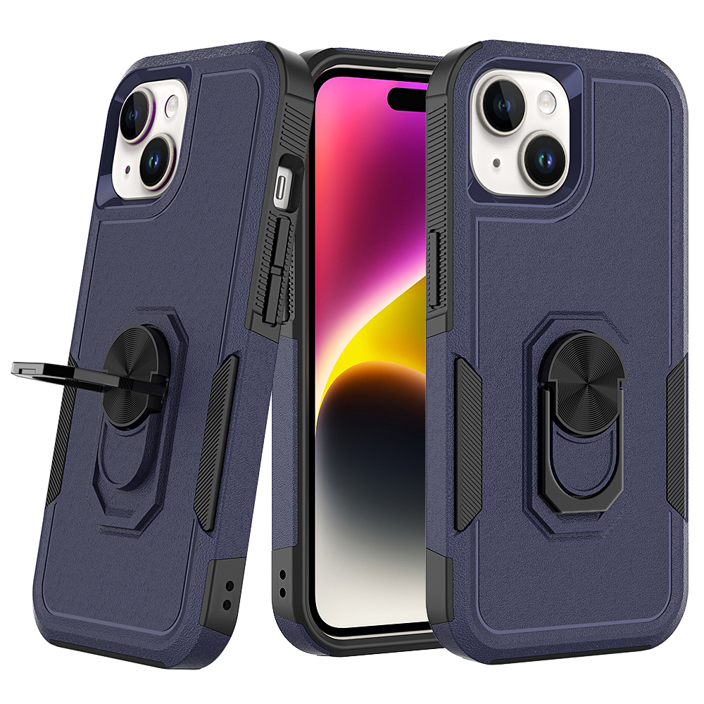 

PC + Tpu-telefonhülle Für Iphone 15, Metall Ring Kickstand Drop-proof-telefonabdeckung - Dunkelblau, iPhone 15