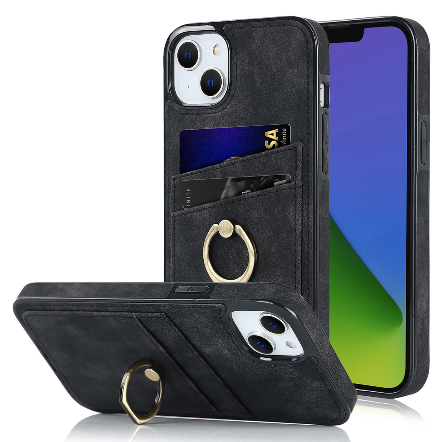 

Kartensteckplätze Telefonabdeckung Für Iphone 15, Retro PU Lederbeschichtete TPU -hülle Mit Ring -kickstand - Schwarz, iPhone 15