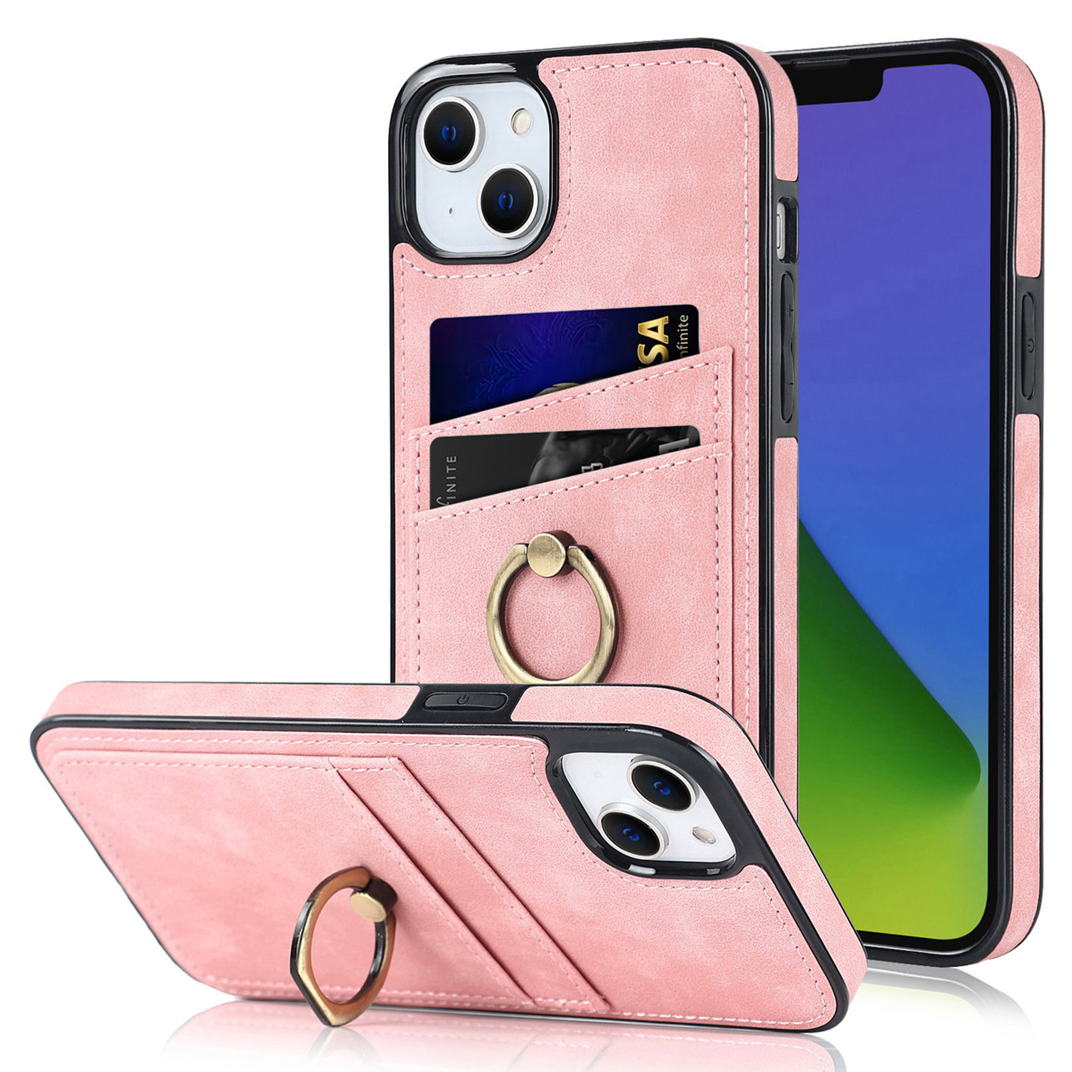 

Kartensteckplätze Telefonabdeckung Für Iphone 15, Retro PU Lederbeschichtete TPU -hülle Mit Ring -kickstand - Rosa, iPhone 15