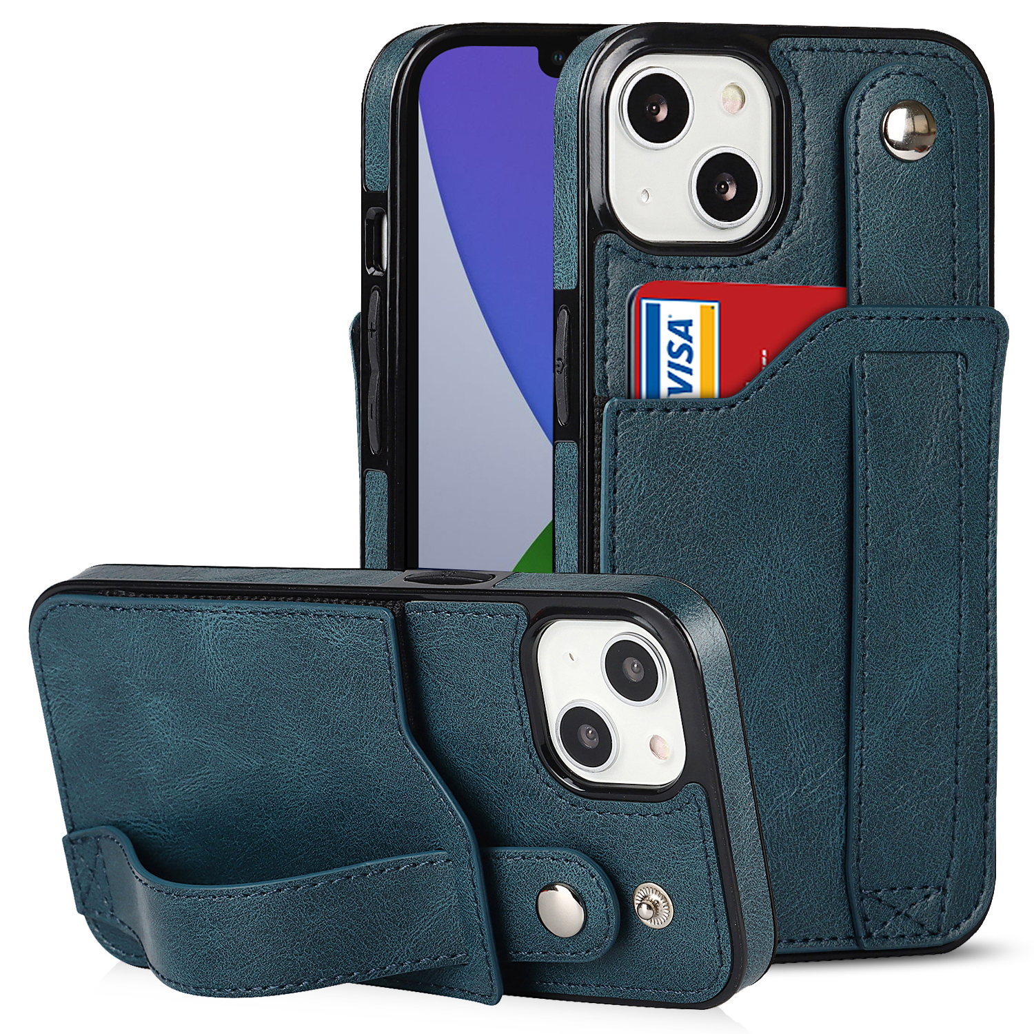 

Telefonhülle Für Iphone 15 Retro PU Leder+tpu RFID -blockierungskartenhalter Armband Kickstand Cover - Blau, iPhone 15