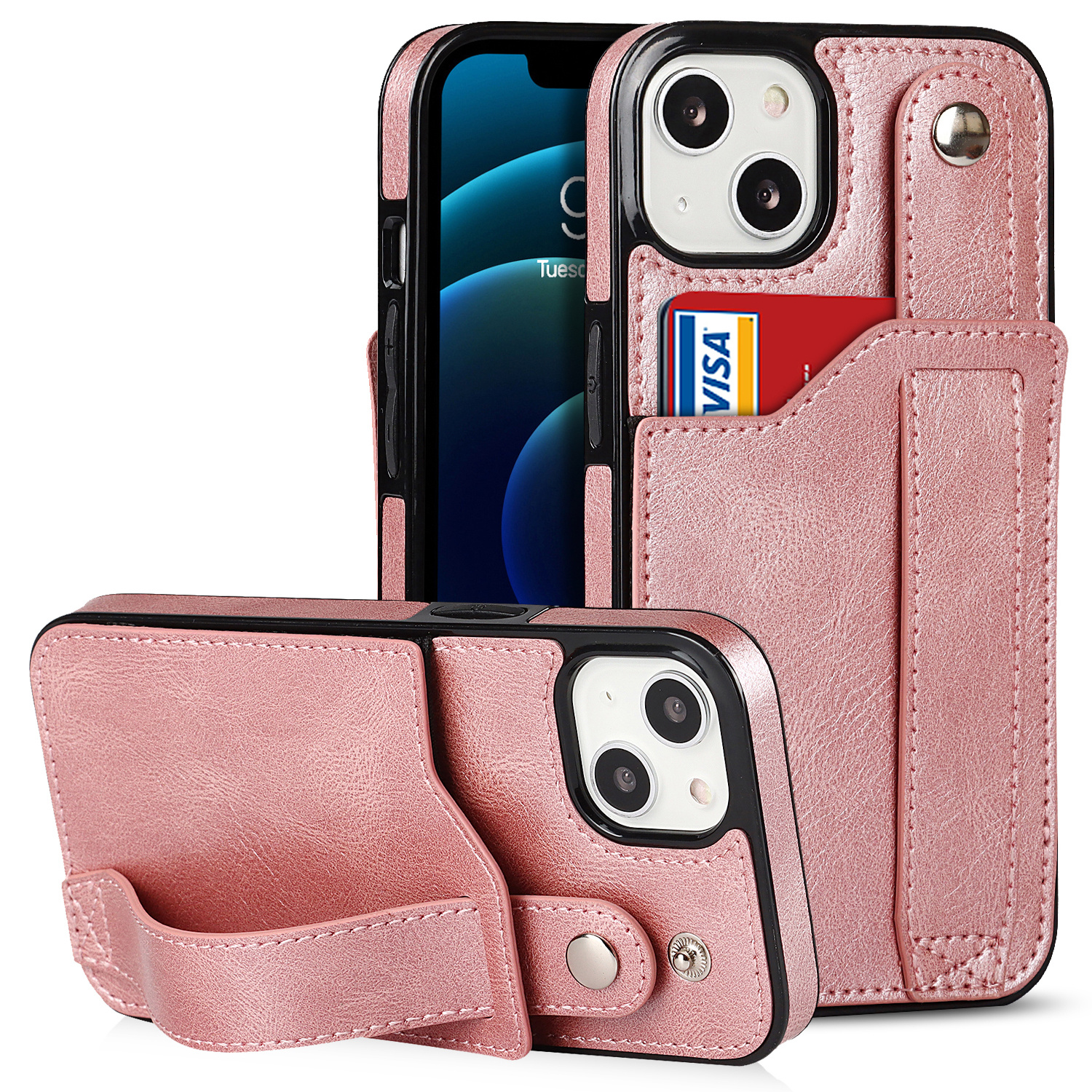 

PU Leder+tpu -telefonhülle Für Iphone 15 Plus, Retro -karten -slot -armband Kickstand RFID Blocking Cover - Roségold, iPhone 15 Plus