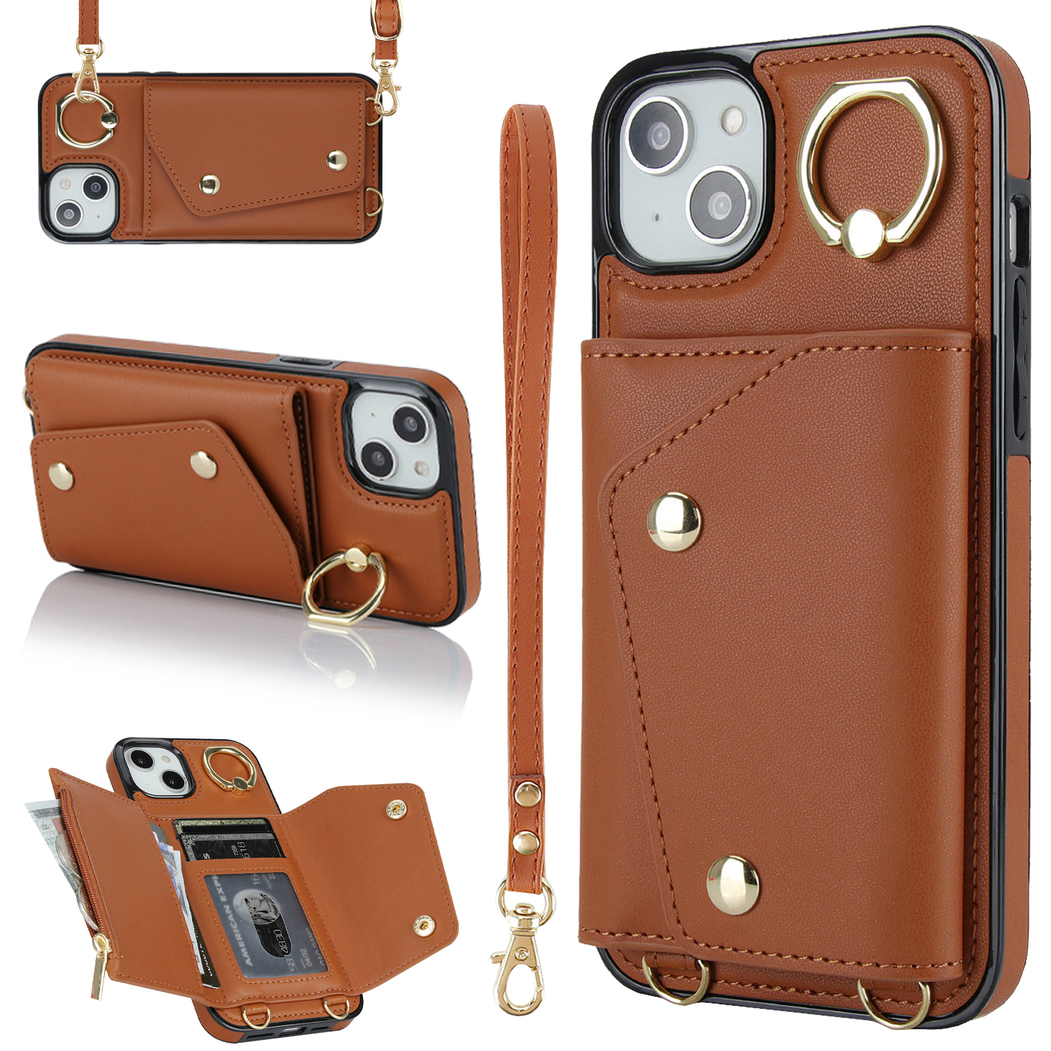 

Für Das Iphone 15 Reißverschluss Brieftaschenhülle PU Leder+tpu Ring Kickstand Zurück Mit 2 Gurten - Braun, iPhone 15