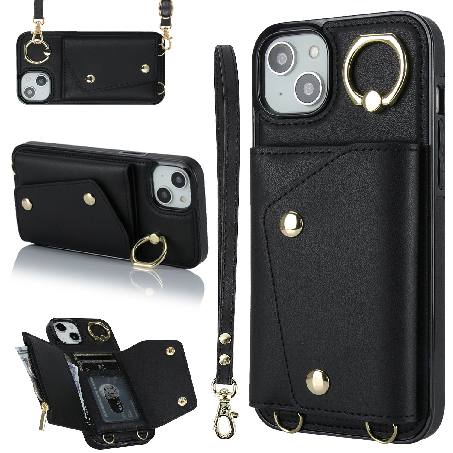 

Für Das Iphone 15 Reißverschluss Brieftaschenhülle PU Leder+tpu Ring Kickstand Zurück Mit 2 Gurten - Schwarz, iPhone 15