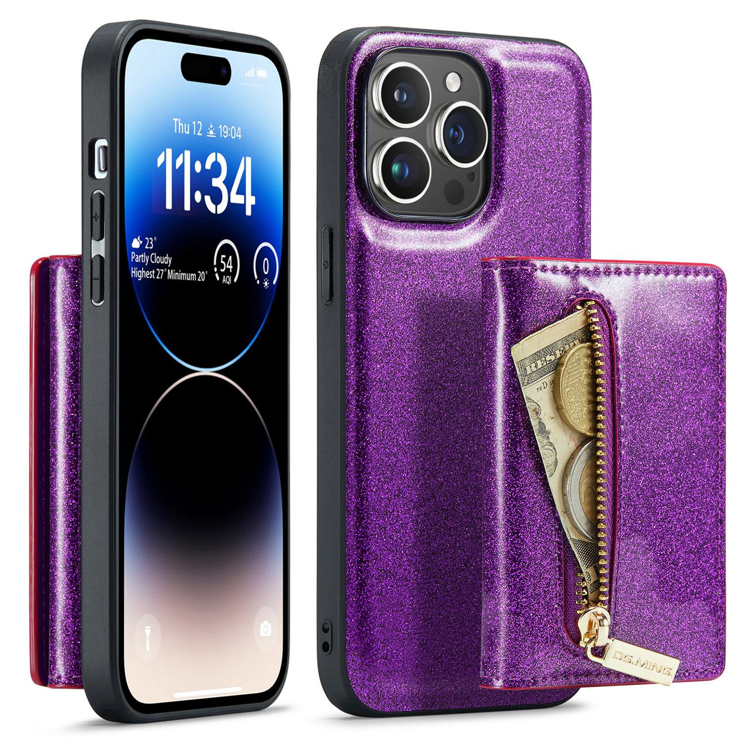 

Dg. Ming M3 -serie Für Iphone 15 Pro Max Magnetabendbare Abdeckung Glitzer Lederbeschichteter PC+TPU -brieftet -kickstand -telefonhülle - Dunkelviolett, iPhone 15 Pro Max