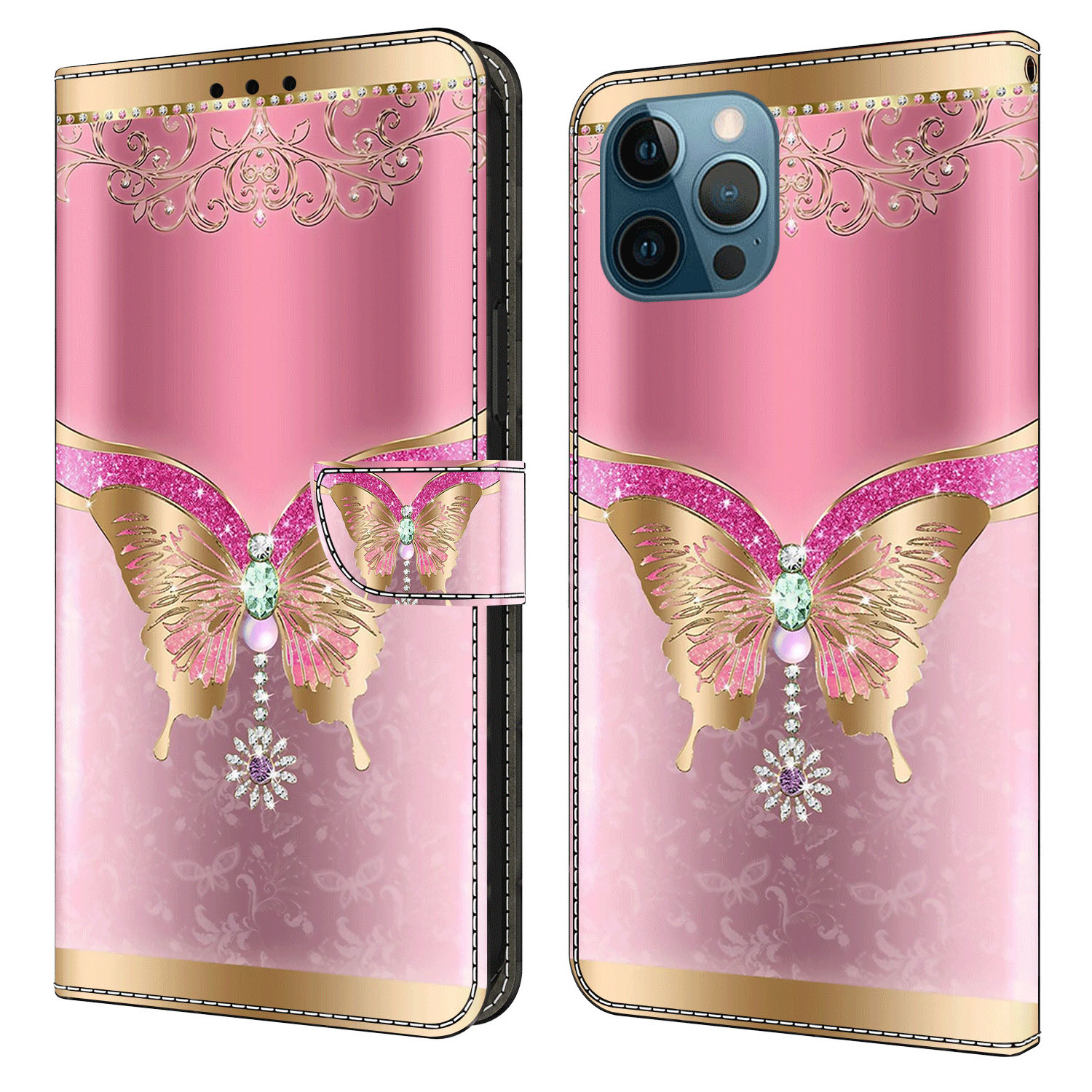 

Für Das Iphone 15 Pro PU Leder Telefon Hülle 3D -muster -druckbrieftasche Schutzschutzabdeckung - Rosa / Gold Schmetterling, iPhone 15 Pro