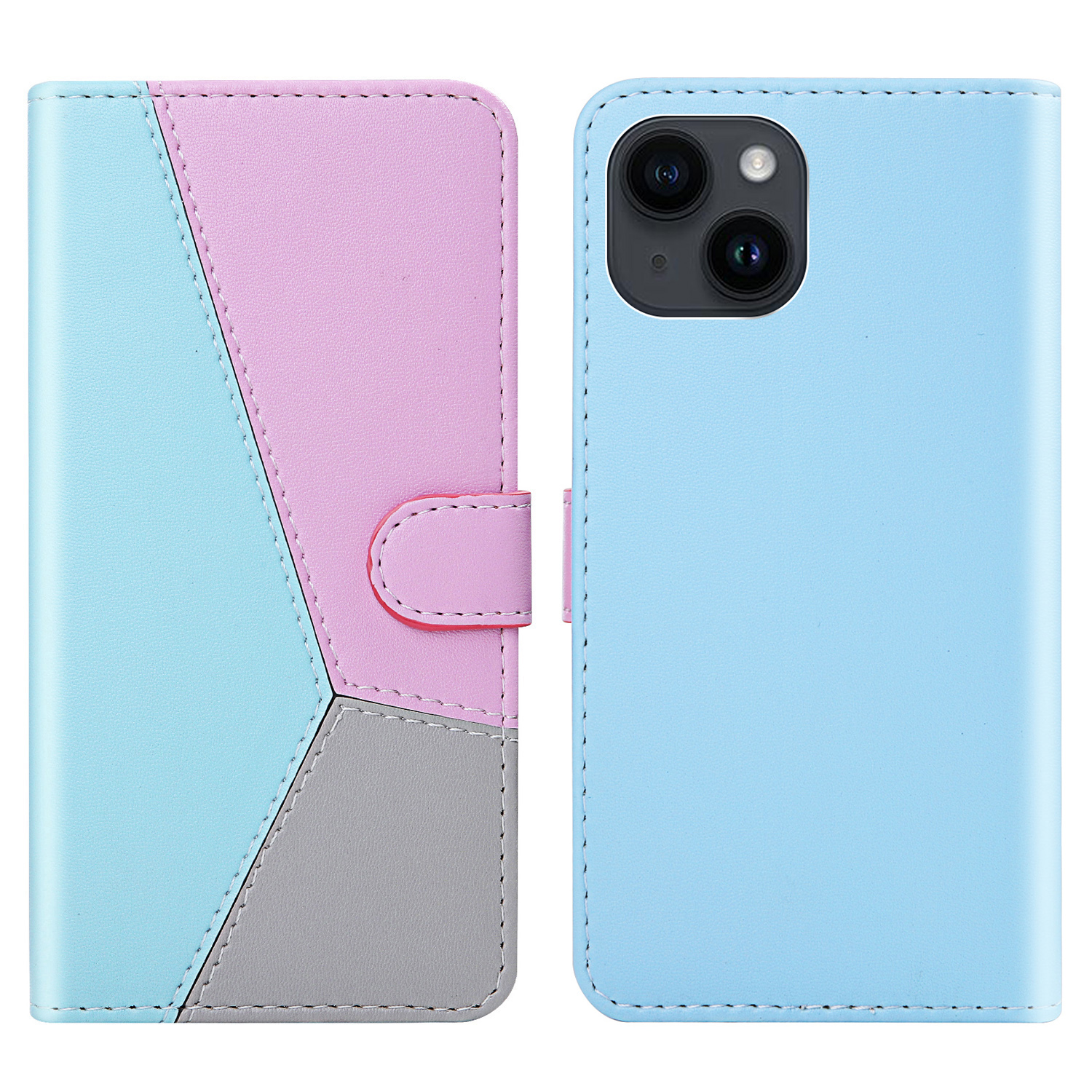 

PU Leder-brieftaschenhülle Für Iphone 15, Dreifarbige Spleißständer Telefonabdeckung - Blau / Lila / Grau, iPhone 15