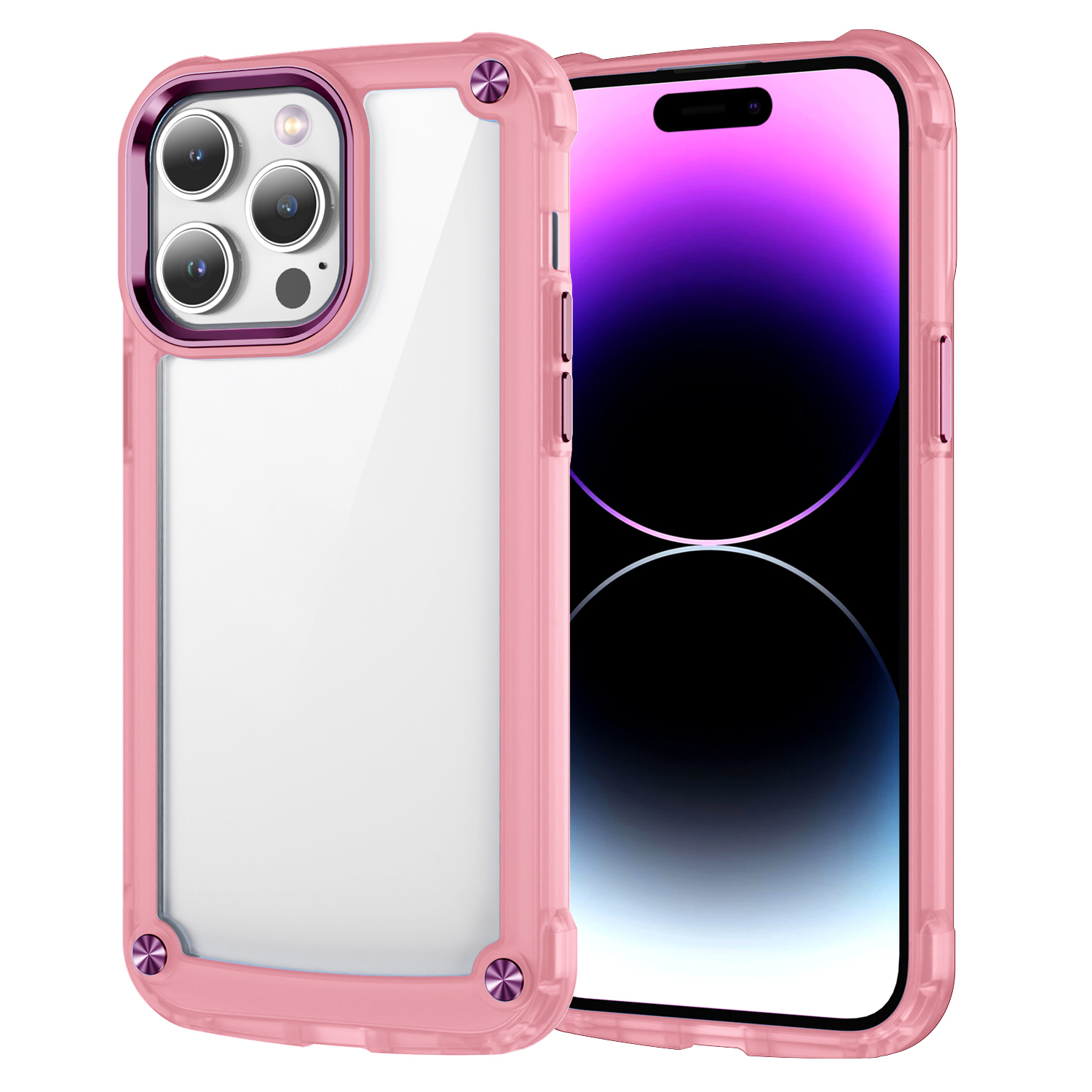 

Für Das Iphone 15 Pro Max Clear Phone Case PC+TPU Schockfeste Abdeckung Mit Leichtmetall -linsenrahmen - Transparent+rosa, iPhone 15 Pro Max