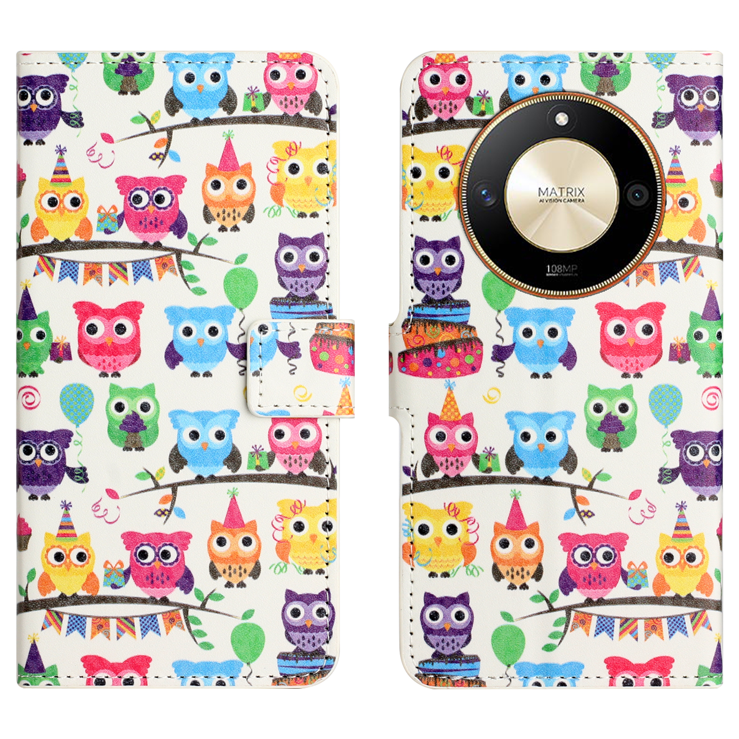 

Für Ehren X50 PU Ledermuster Druckphase Hülle Ständer Flip Wallet Wallet Cover - Eulenaufkleber, Honor X50