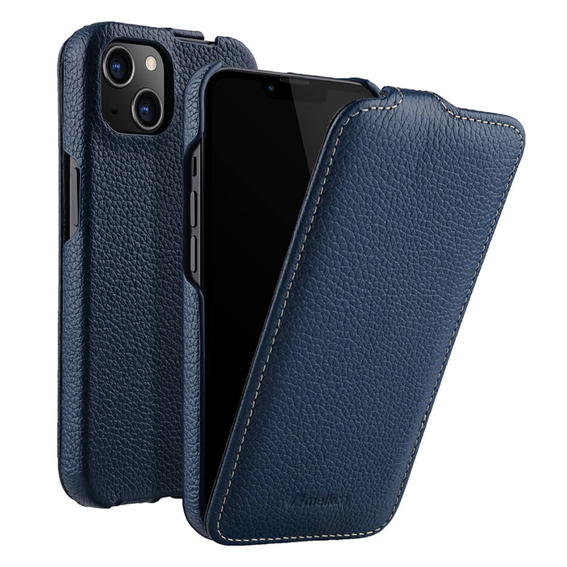 

Melkco Für Iphone 14 Echte Kuhleder+pc Shell Vertikale Flip-anti-kratzer-schutz-telefonabdeckung - Dunkelblau, iPhone 14