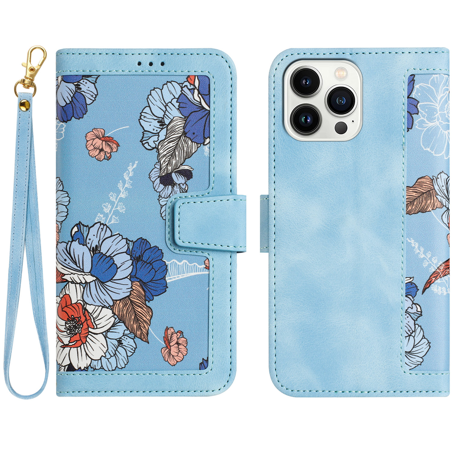 

PU Leder Telefonständer Hülle Für Iphone 14 Pro, Kartenhalter Blumenmuster Druckphase - Baby Blau, iPhone 14 Pro