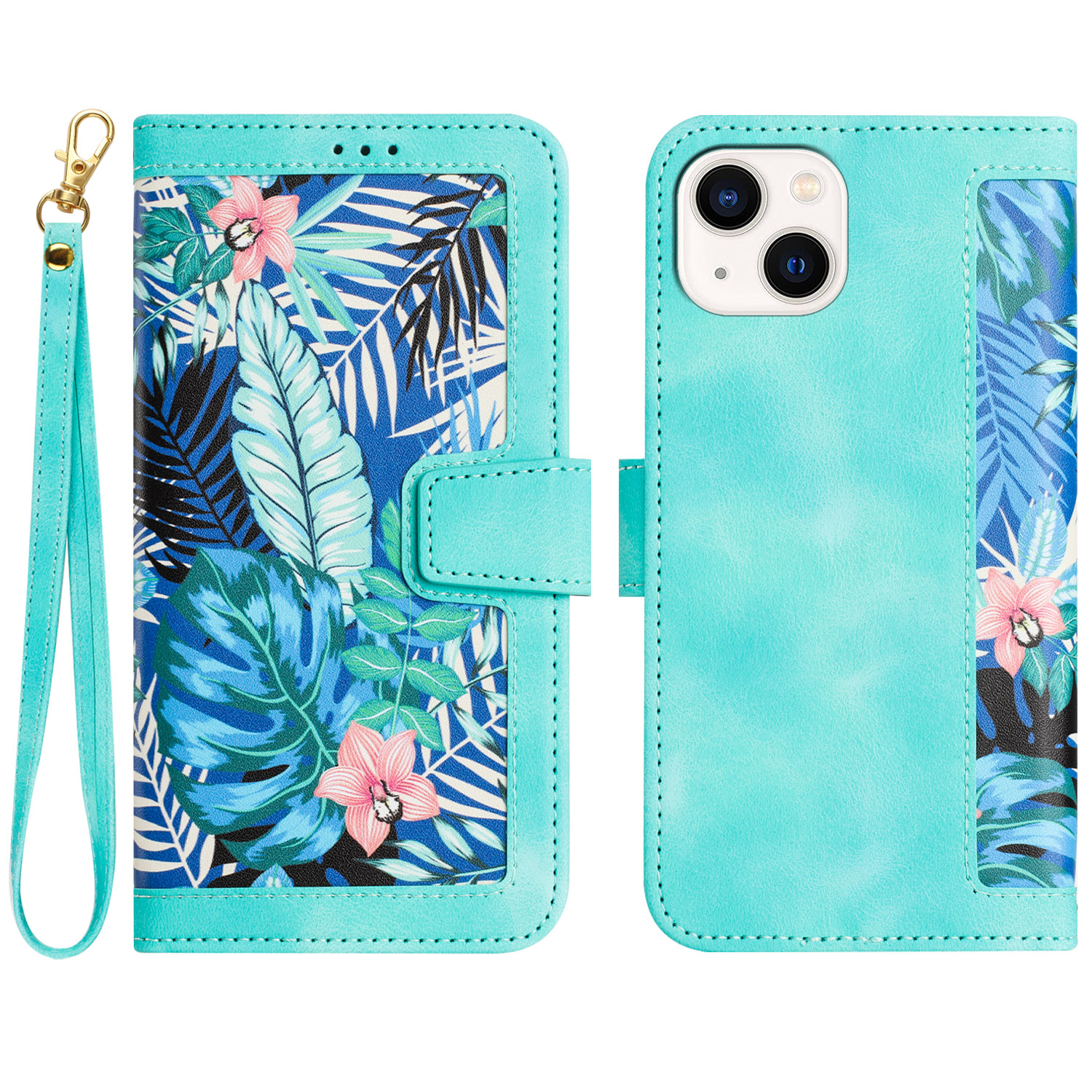 

PU Leder -telefonständer Hülle Für Iphone 14 Plus, Kartenhalter Blumenmuster Druck Telefonabdeckung - Grün, iPhone 14 Plus