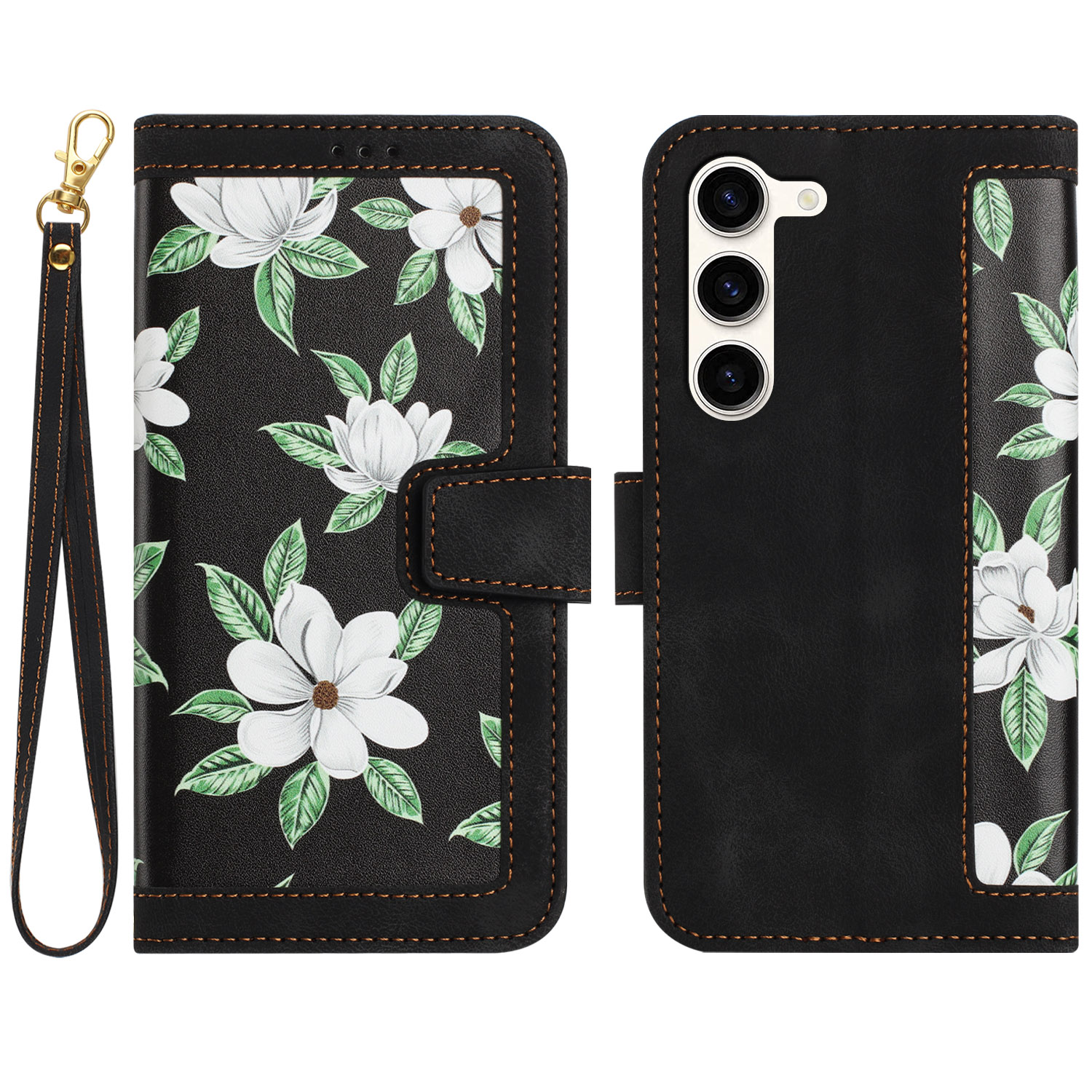 

Für Samsung Galaxy S23+ Kartenhalter Phone Hülle PU Leder Blumenmuster -druckständer Cover - Schwarz, Galaxy S23+