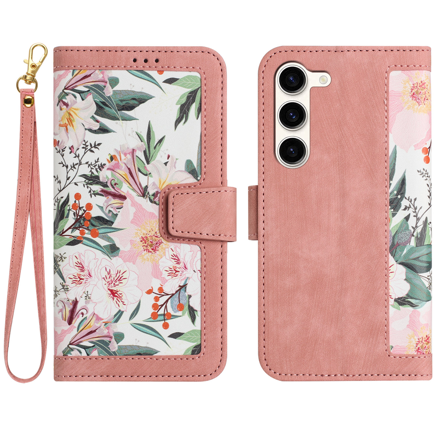 

Für Samsung Galaxy S23+ Kartenhalter Phone Hülle PU Leder Blumenmuster -druckständer Cover - Rosa, Galaxy S23+