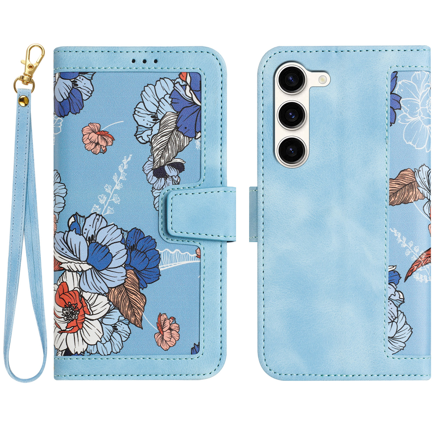 

Für Samsung Galaxy S23+ Kartenhalter Phone Hülle PU Leder Blumenmuster -druckständer Cover - Baby Blau, Galaxy S23+