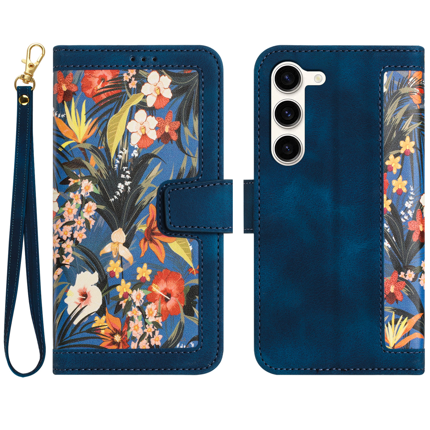 

Für Samsung Galaxy S23+ Kartenhalter Phone Hülle PU Leder Blumenmuster -druckständer Cover - Dunkelblau, Galaxy S23+