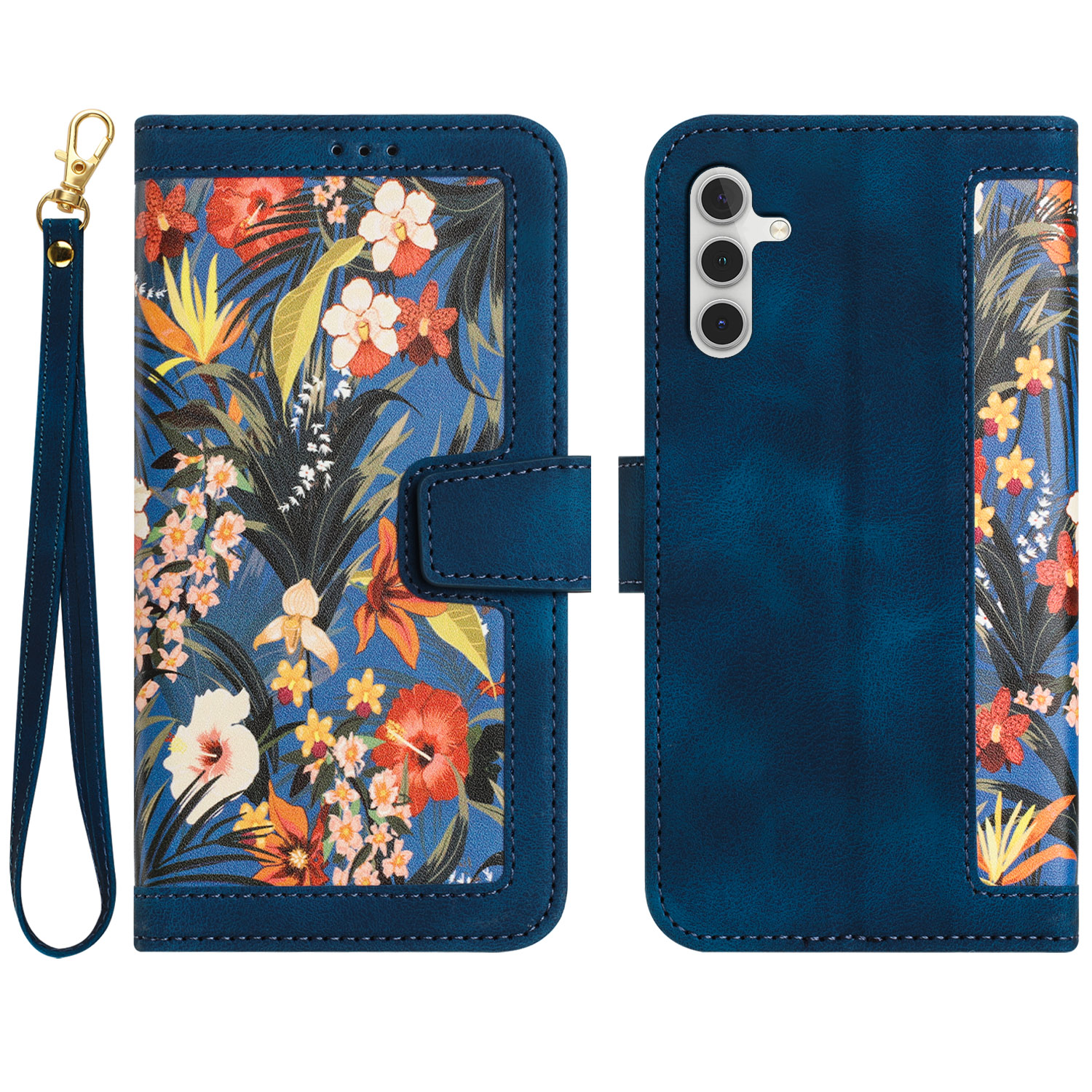 

Für Samsung Galaxy A34 5G Phone Hülle Blumenmuster -druckständer Lederabdeckung Mit Kartensteckplätzen - Dunkelblau, Galaxy A34 5G