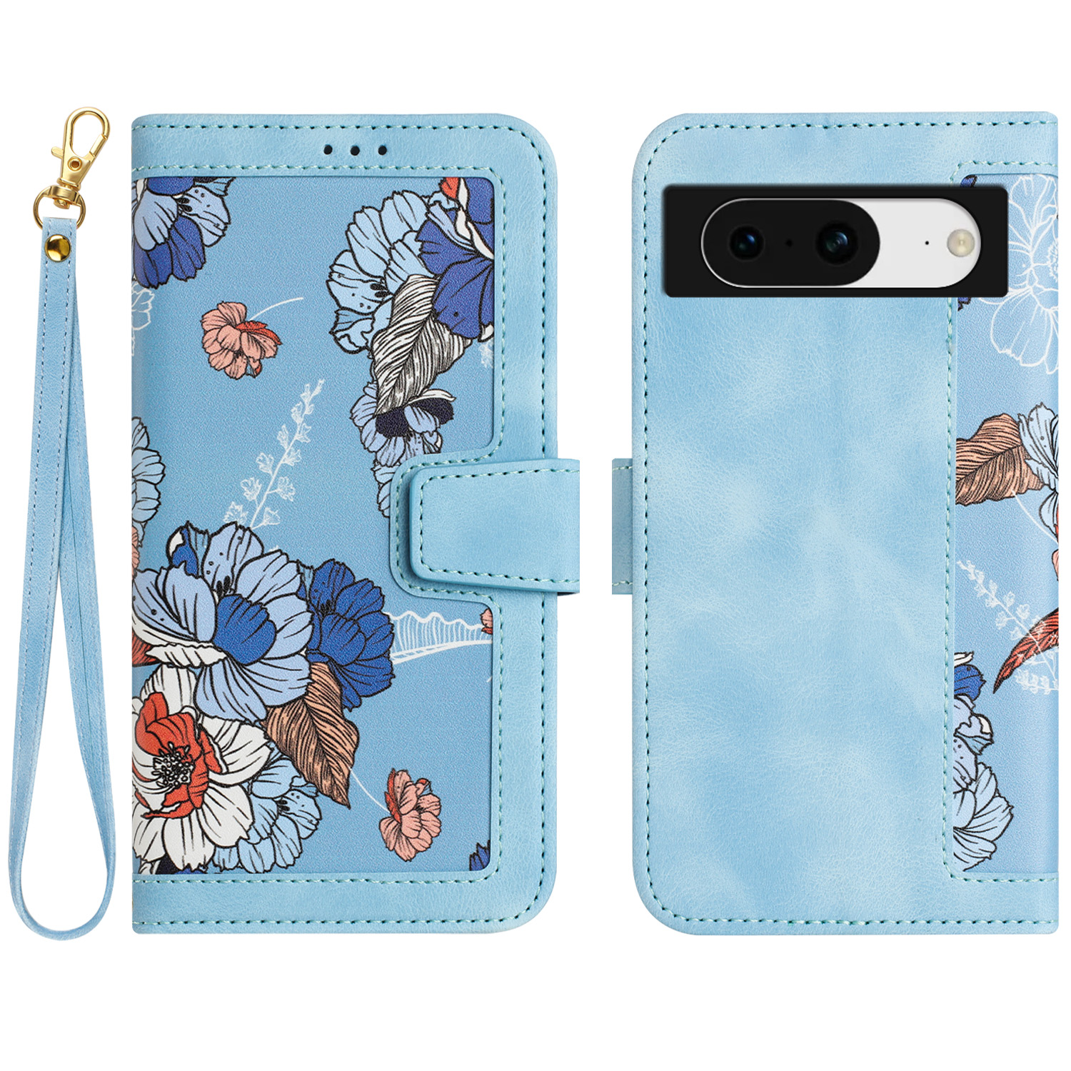 

Für Google Pixel 8 Kartenhalter Phone Hülle Blumenmuster Druck PU Lederstand Cover - Baby Blau, Google Pixel 8