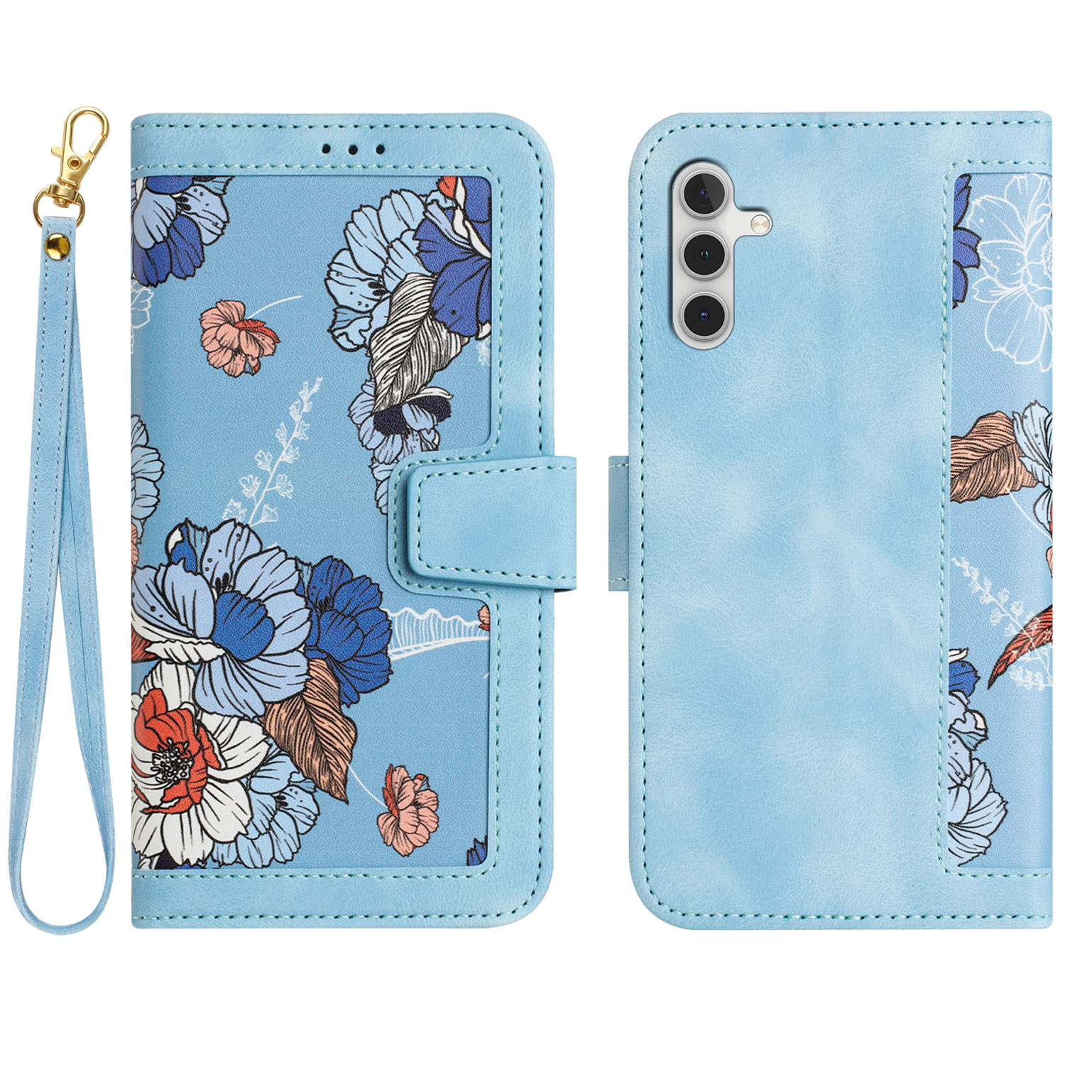 

Für Samsung Galaxy A53 5G Blumenmuster Druckphase Hülle Kartenhalter Lederabdeckung - Baby Blau, Samsung Galaxy A53 5G