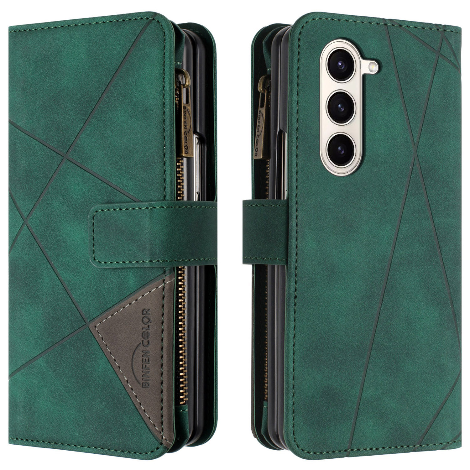 

Binfen Color Reißverschluss Brieftaschenhülle Für Samsung Galaxy Z Fold5 5G Leine Impring TPU+PU Flip Cover Mit Ständer - Grün, Galaxy Z Fold5 5G