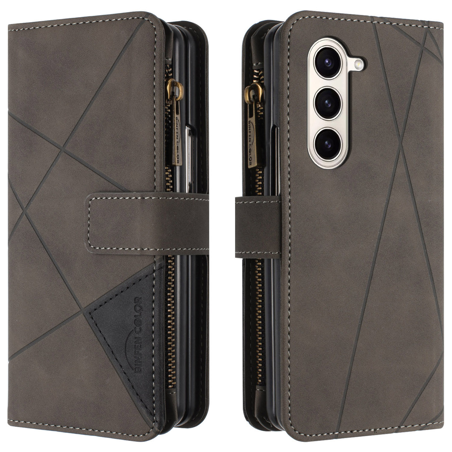 

Binfen Color Reißverschluss Brieftaschenhülle Für Samsung Galaxy Z Fold5 5G Leine Impring TPU+PU Flip Cover Mit Ständer - Grau, Galaxy Z Fold5 5G
