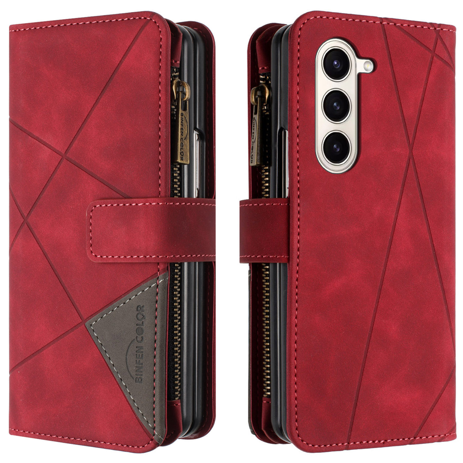 

Binfen Color Reißverschluss Brieftaschenhülle Für Samsung Galaxy Z Fold5 5G Leine Impring TPU+PU Flip Cover Mit Ständer - Rot, Galaxy Z Fold5 5G
