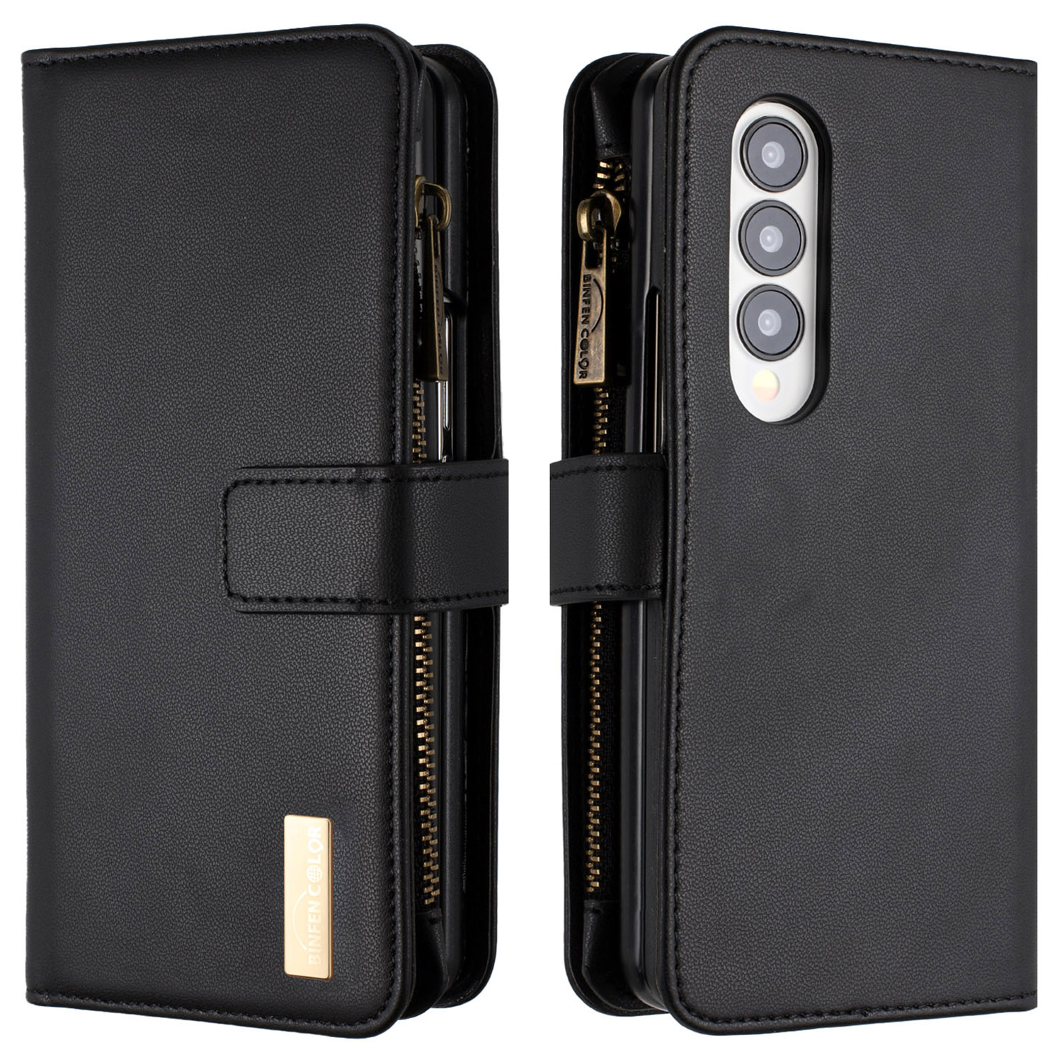 

Binfen Color Reißverpackung Taschenbrieftasche Für Samsung Galaxy Z Fold3 5g, Matte PU Lederständer Telefonabdeckung - Schwarz, Galaxy Z Fold3 5G