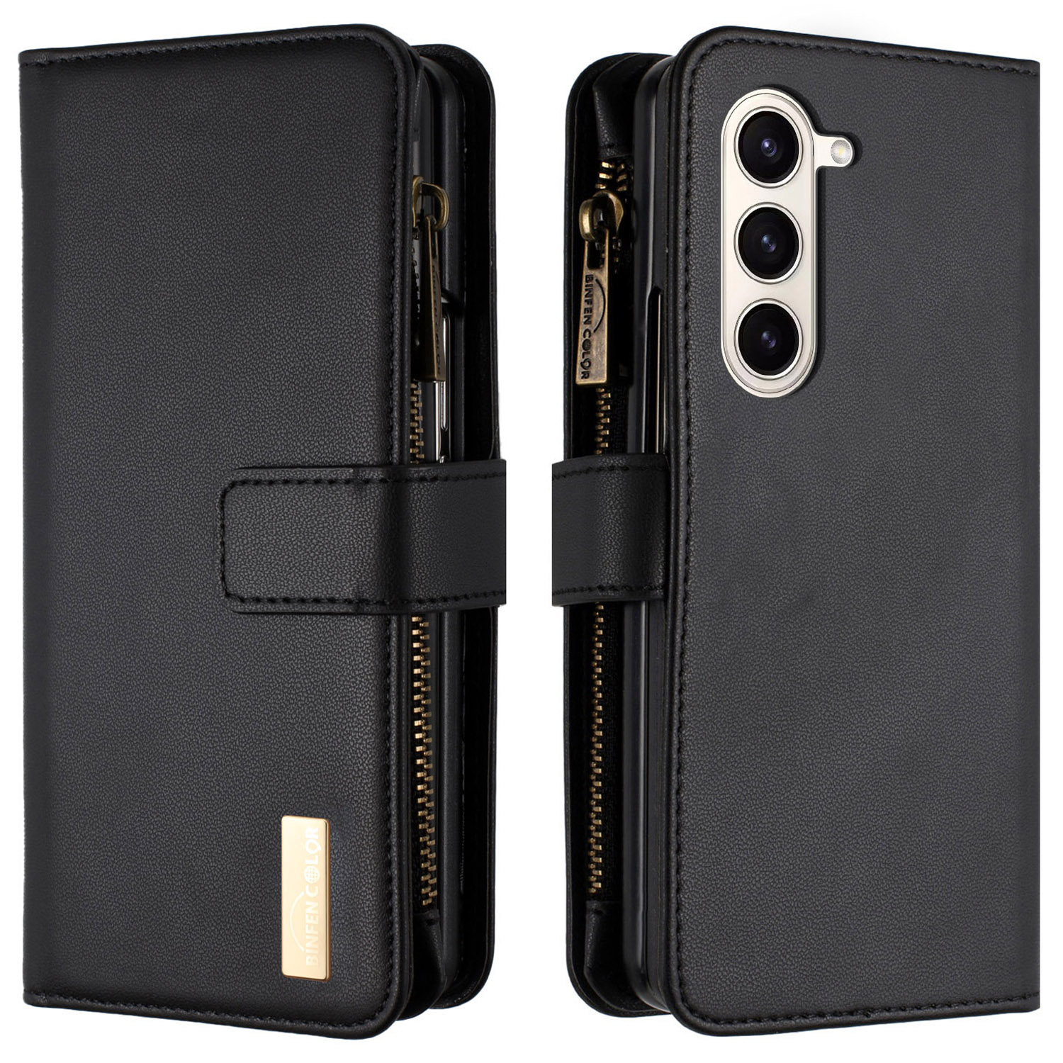

Binfen Farbe Für Samsung Galaxy Z Fold5 5G Matt Wallet Phone Hülle PU Lederständer Reißverschluss Taschenflip Cover - Schwarz, Galaxy Z Fold5 5G