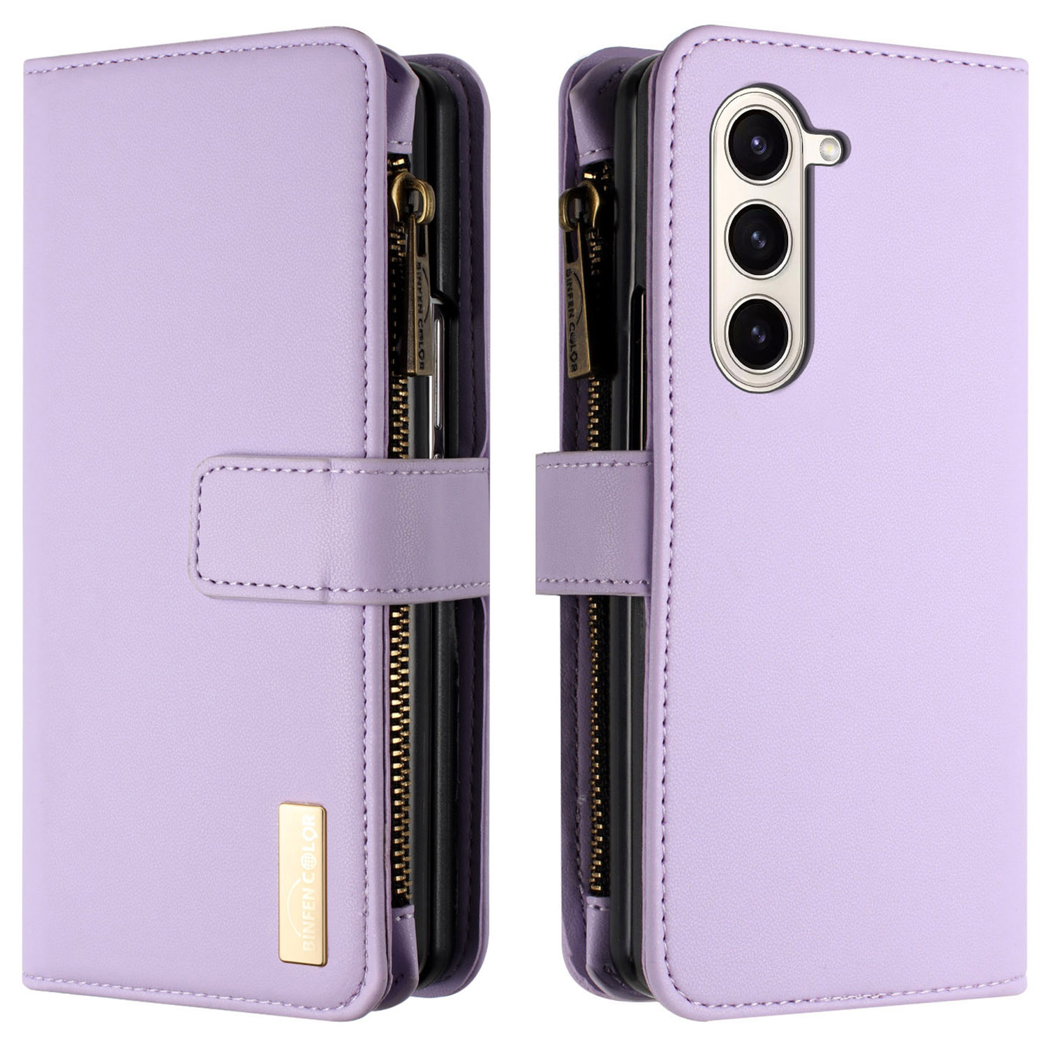 

Binfen Farbe Für Samsung Galaxy Z Fold5 5G Matt Wallet Phone Hülle PU Lederständer Reißverschluss Taschenflip Cover - Lila, Galaxy Z Fold5 5G