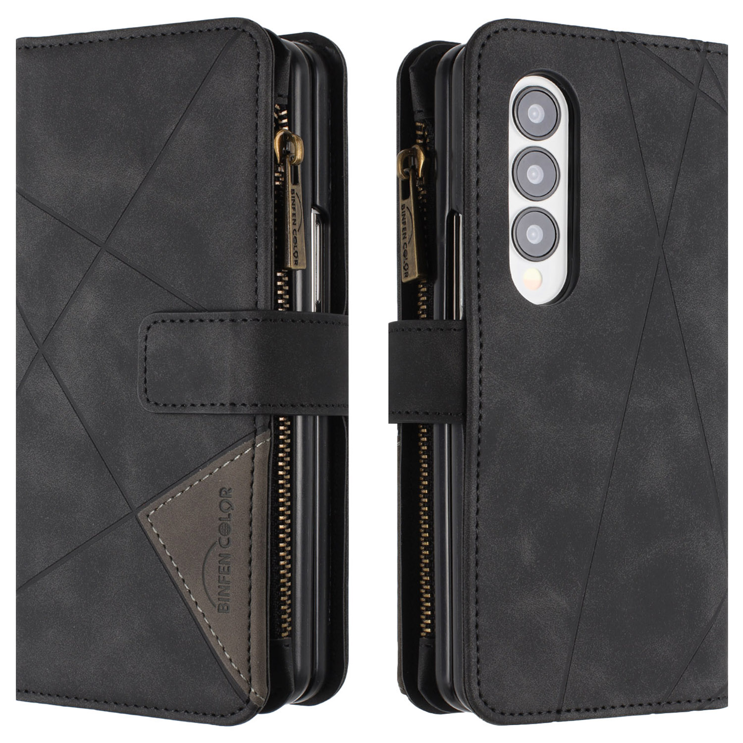 

Binfen Farbe Für Samsung Galaxy Z Fold3 5G PU Lederlinie Geprinktes Telefon Hülle Ständer Reißverschluss Taschenbrieftasche Abdeckung - Schwarz, Galaxy Z Fold3 5G