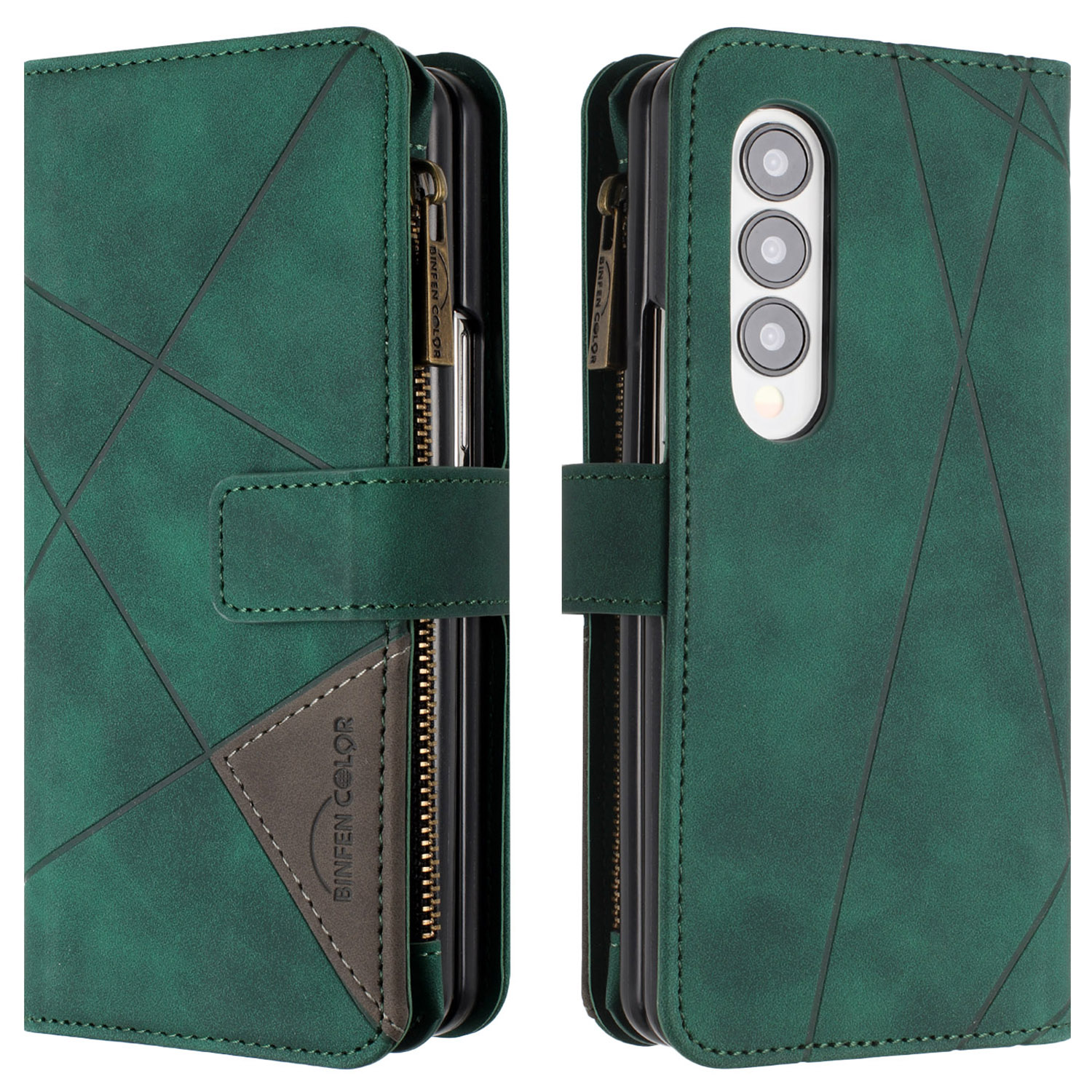 

Binfen Farbe Für Samsung Galaxy Z Fold3 5G PU Lederlinie Geprinktes Telefon Hülle Ständer Reißverschluss Taschenbrieftasche Abdeckung - Grün, Galaxy Z Fold3 5G