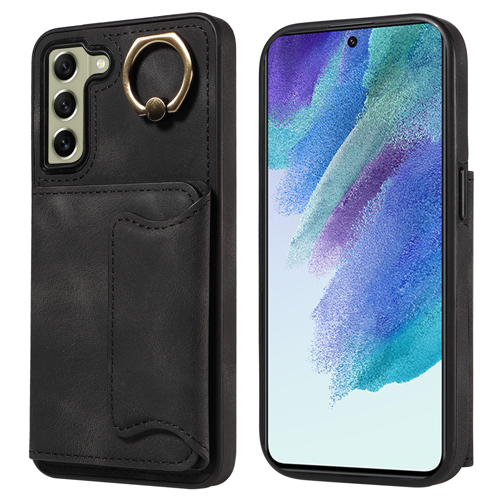 

001 Für Samsung Galaxy S21 fe 5G PU Leder+tpu Cover Card Halter Telefonhülle Mit Ringstand - Schwarz, Galaxy S21 FE 5G