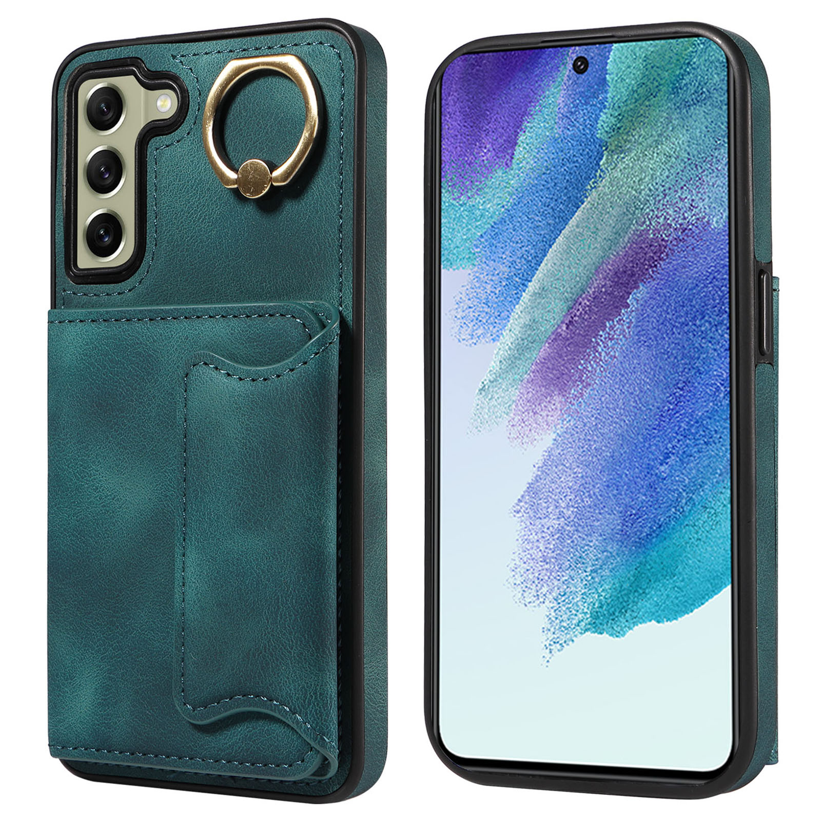 

001 Für Samsung Galaxy S21 fe 5G PU Leder+tpu Cover Card Halter Telefonhülle Mit Ringstand - Grün, Galaxy S21 FE 5G