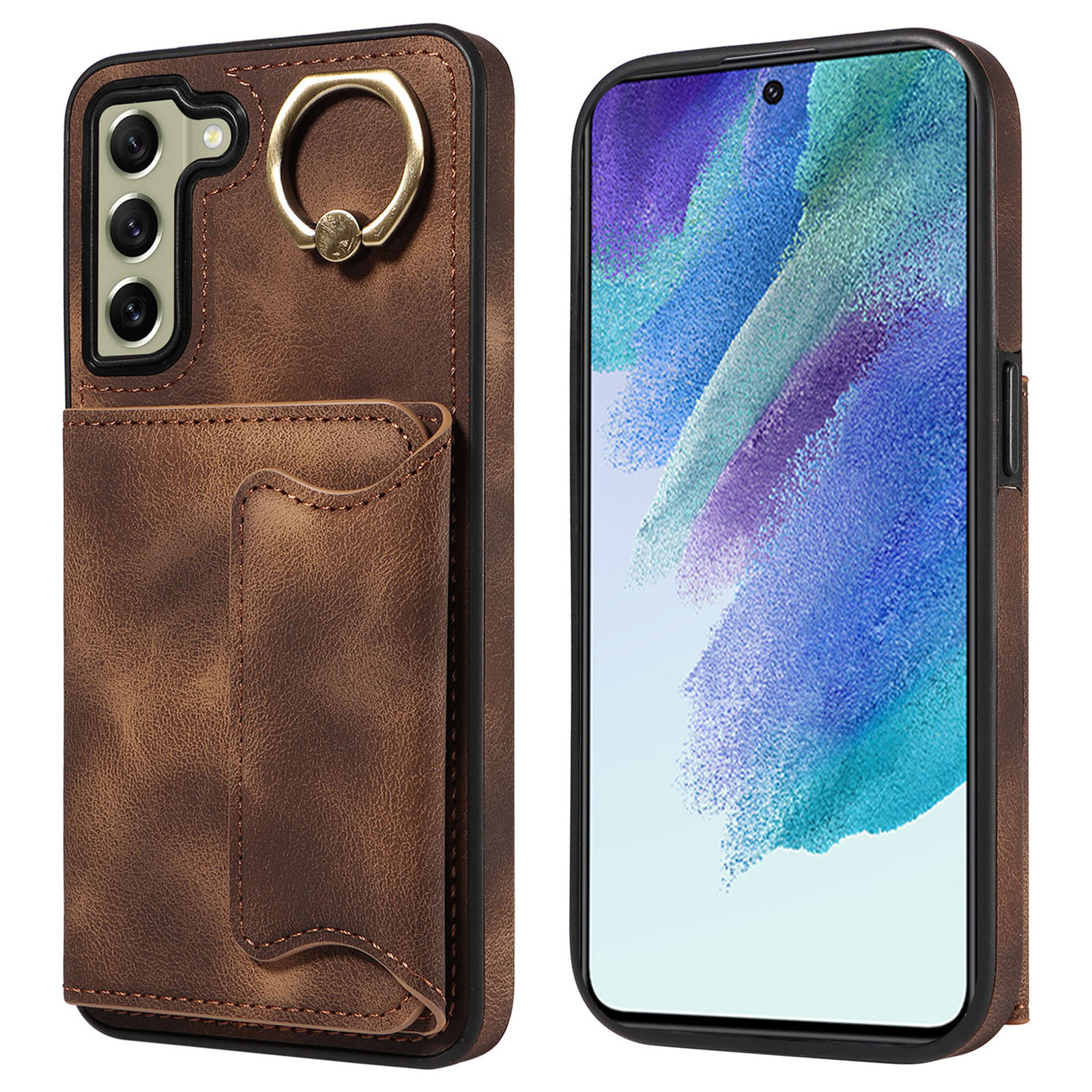 

001 Für Samsung Galaxy S21 fe 5G PU Leder+tpu Cover Card Halter Telefonhülle Mit Ringstand - Braun, Galaxy S21 FE 5G
