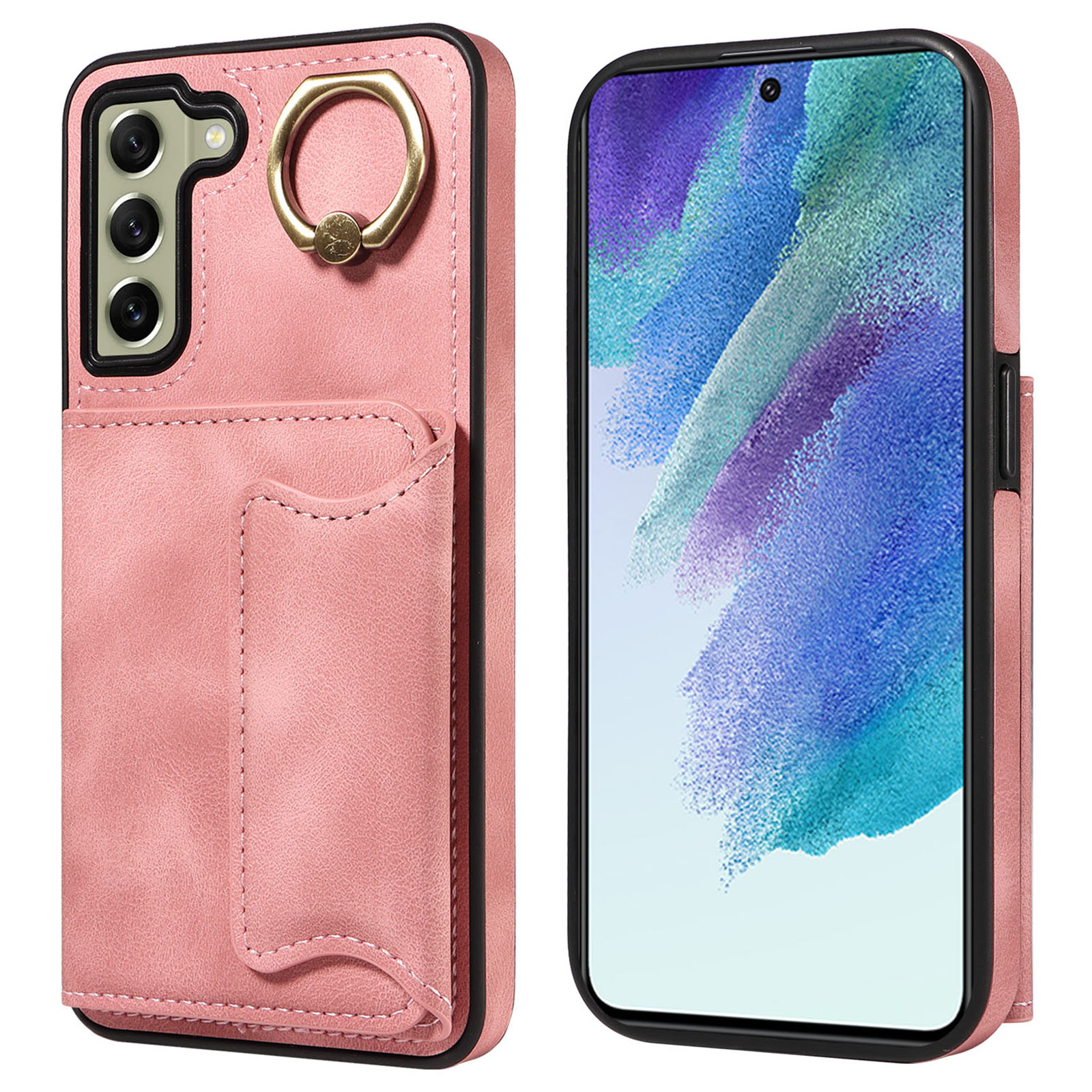 

001 Für Samsung Galaxy S21 fe 5G PU Leder+tpu Cover Card Halter Telefonhülle Mit Ringstand - Rosa, Galaxy S21 FE 5G