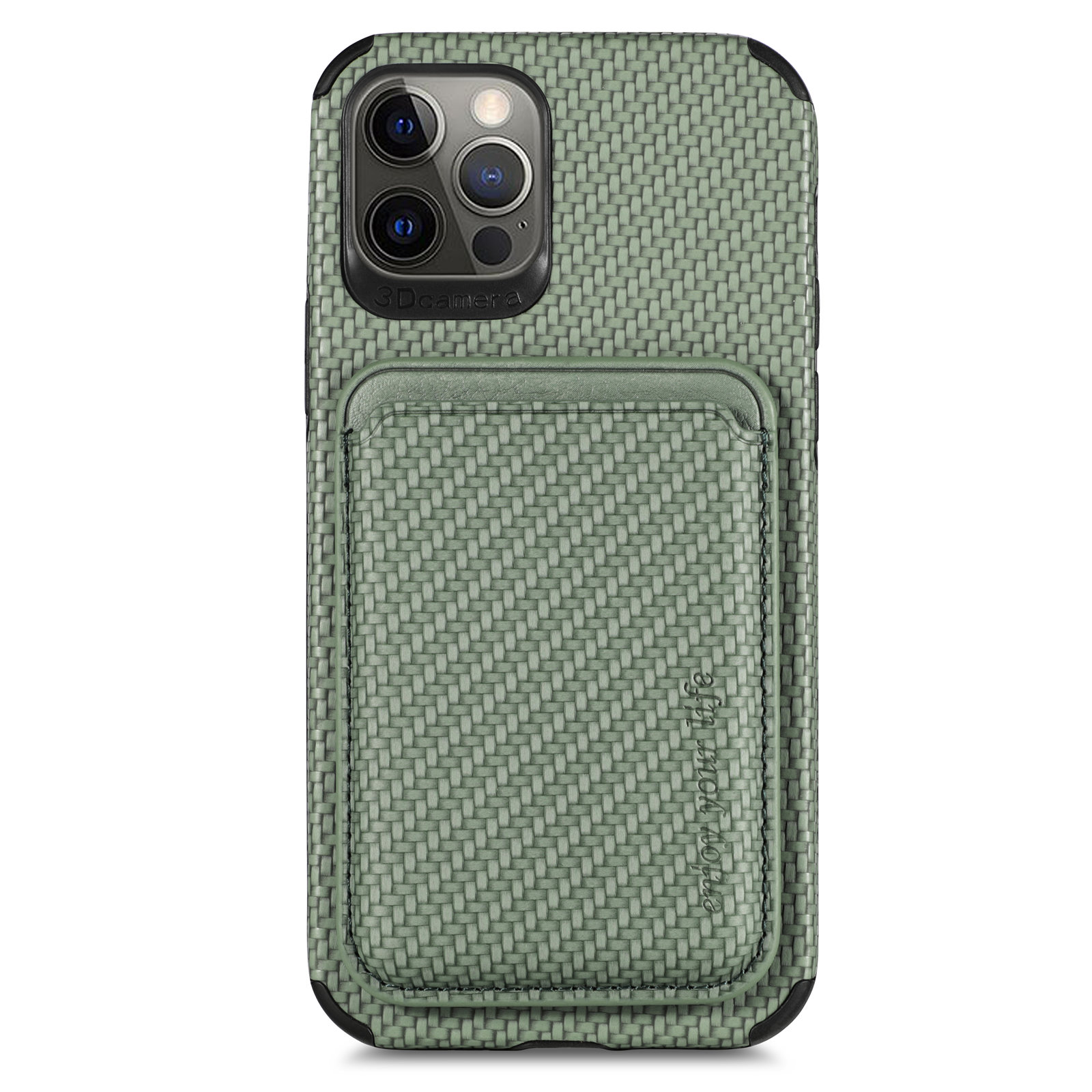 

Für Iphone 12 Pro / 12 Abnehmbare Magnetkartenhalter Hülle PU Leder+pc+tpu Carbonfaser Telefonabdeckung - Grün, iPhone 12 Pro