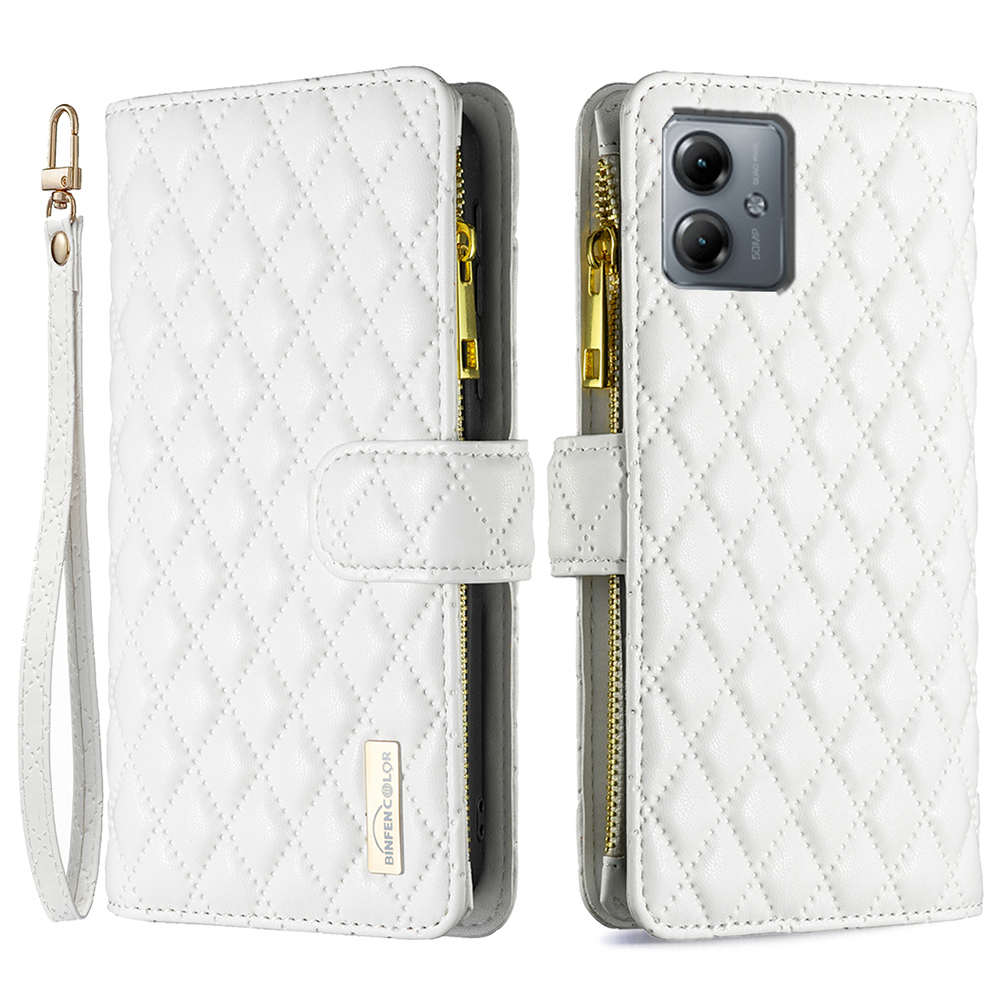 

Binfen Color BF Style-15 Für Motorola Moto G14 4G Reißverschluss Pocket Wallet Telefon Hülle Lederständer Cover - Weiß, Motorola Moto G14 4G