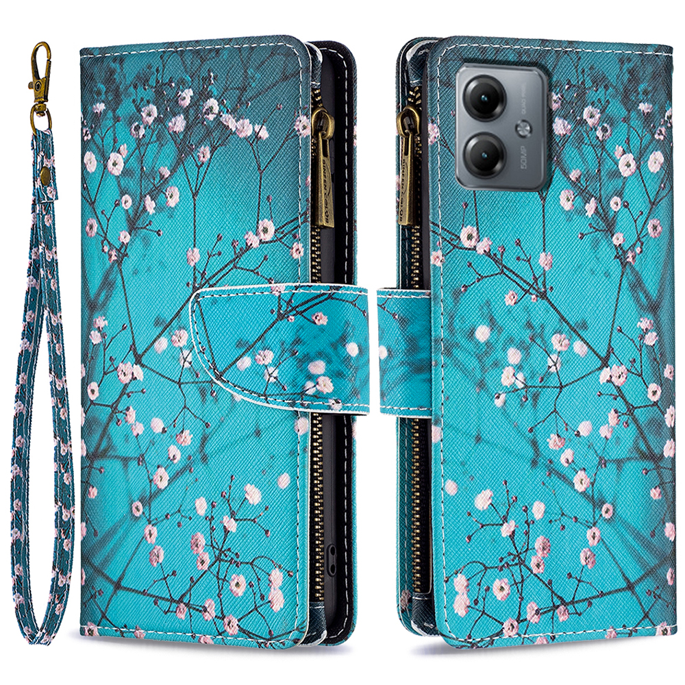 

BF03 Wallet Reißverschluss Telefonhülle Für Motorola Moto G14 4g, PU -ledermuster -druckständer Telefonabdeckung - Pflaumenblüte, Motorola Moto G14 4G