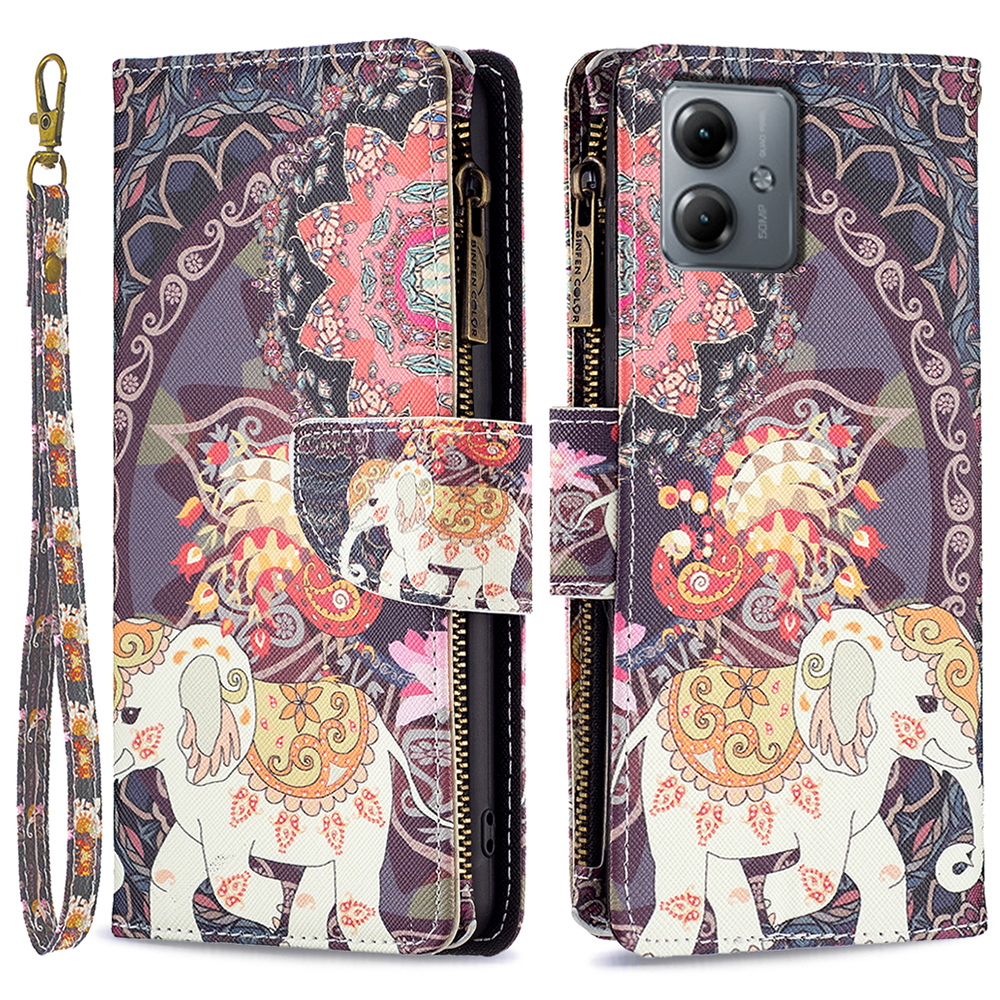 

BF03 Wallet Reißverschluss Telefonhülle Für Motorola Moto G14 4g, PU -ledermuster -druckständer Telefonabdeckung - Blumen Und Elefant, Motorola Moto G14 4G