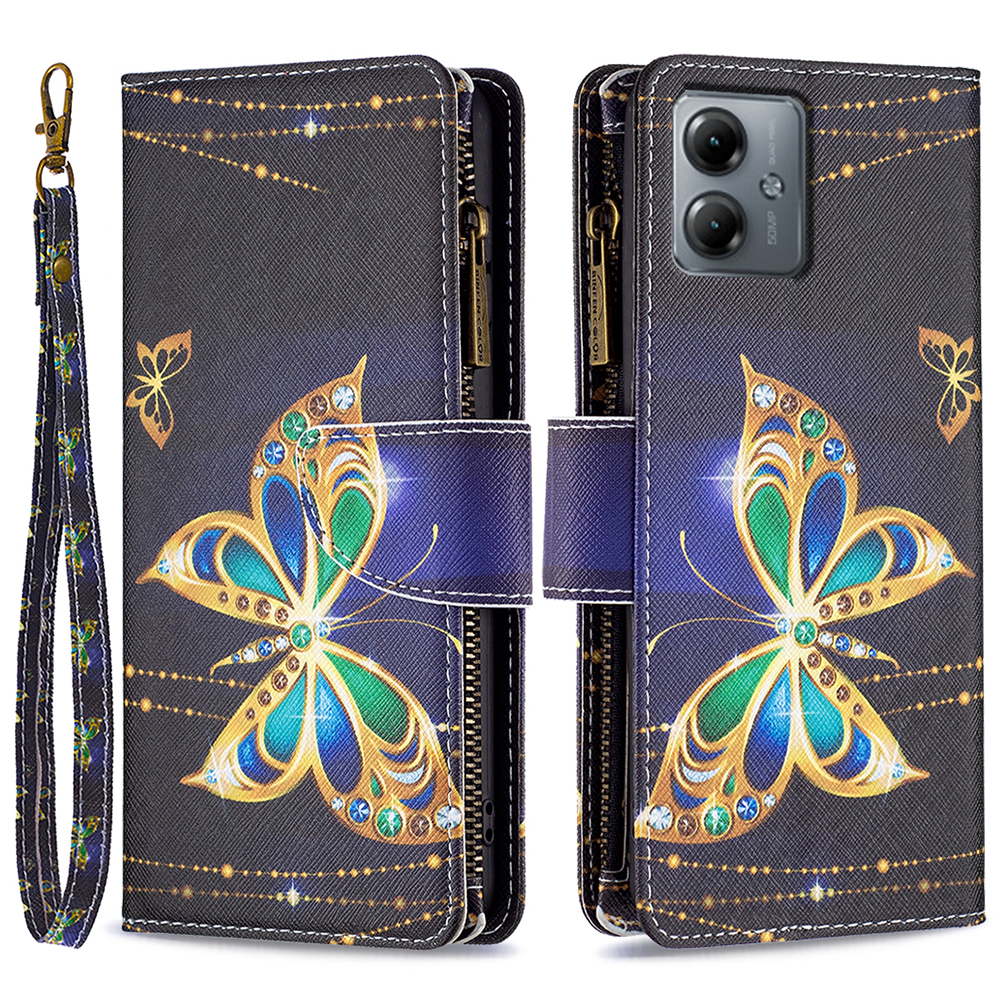 

BF03 Wallet Reißverschluss Telefonhülle Für Motorola Moto G14 4g, PU -ledermuster -druckständer Telefonabdeckung - Strassbutterfly, Motorola Moto G14 4G