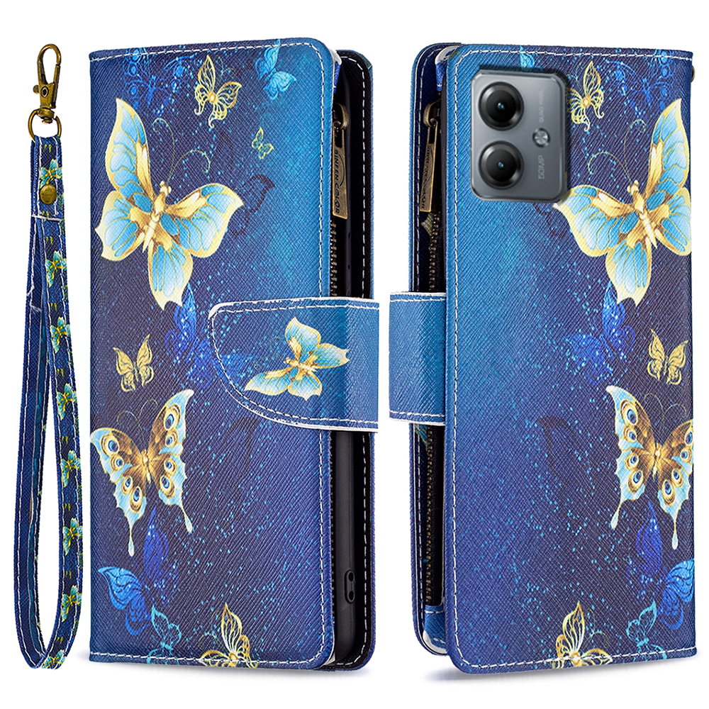 

BF03 Wallet Reißverschluss Telefonhülle Für Motorola Moto G14 4g, PU -ledermuster -druckständer Telefonabdeckung - Goldene Schmetterlinge, Motorola Moto G14 4G