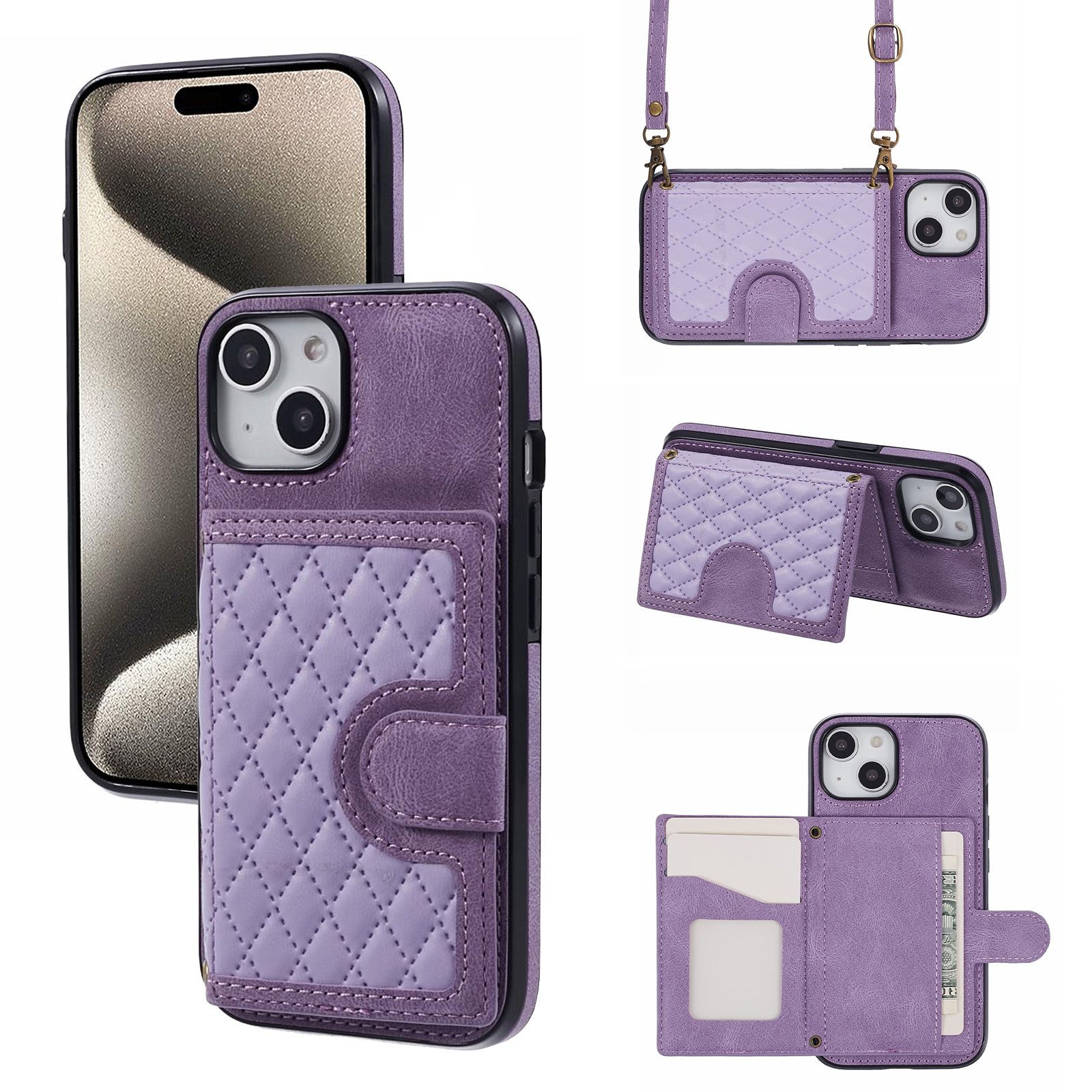 

Für Iphone 15 Kartenhalter Kickstand Telefonkoffer Gitter Geprägtes PU -leder+tpu -brieftasche Mit Schultergurt - Lila, iPhone 15