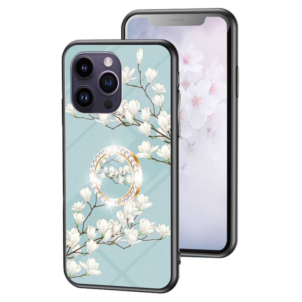 

Für Das Iphone 15 Pro Max Blumenmuster Temperierte Glas Hülle PC+TPU Ring Kickstand Telefonabdeckung - Gardenias, iPhone 15 Pro Max
