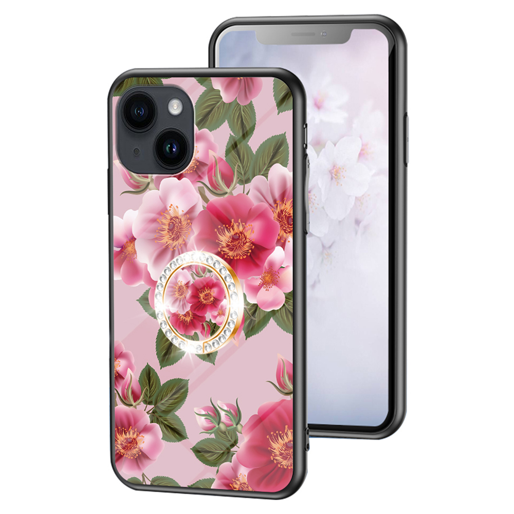 

Für Iphone 15 Blumenmuster Druckphase Temperierte Glas+pc+tpu -ring -kickstand -abdeckung - Glamouröse Pfingstrosen, iPhone 15